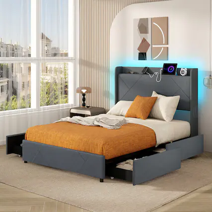 Front. Gymax - Gymax Full Size Bed Frame w/LED Lights Charging Station 2 Storage Pockets & 4 Drawers - Grey.