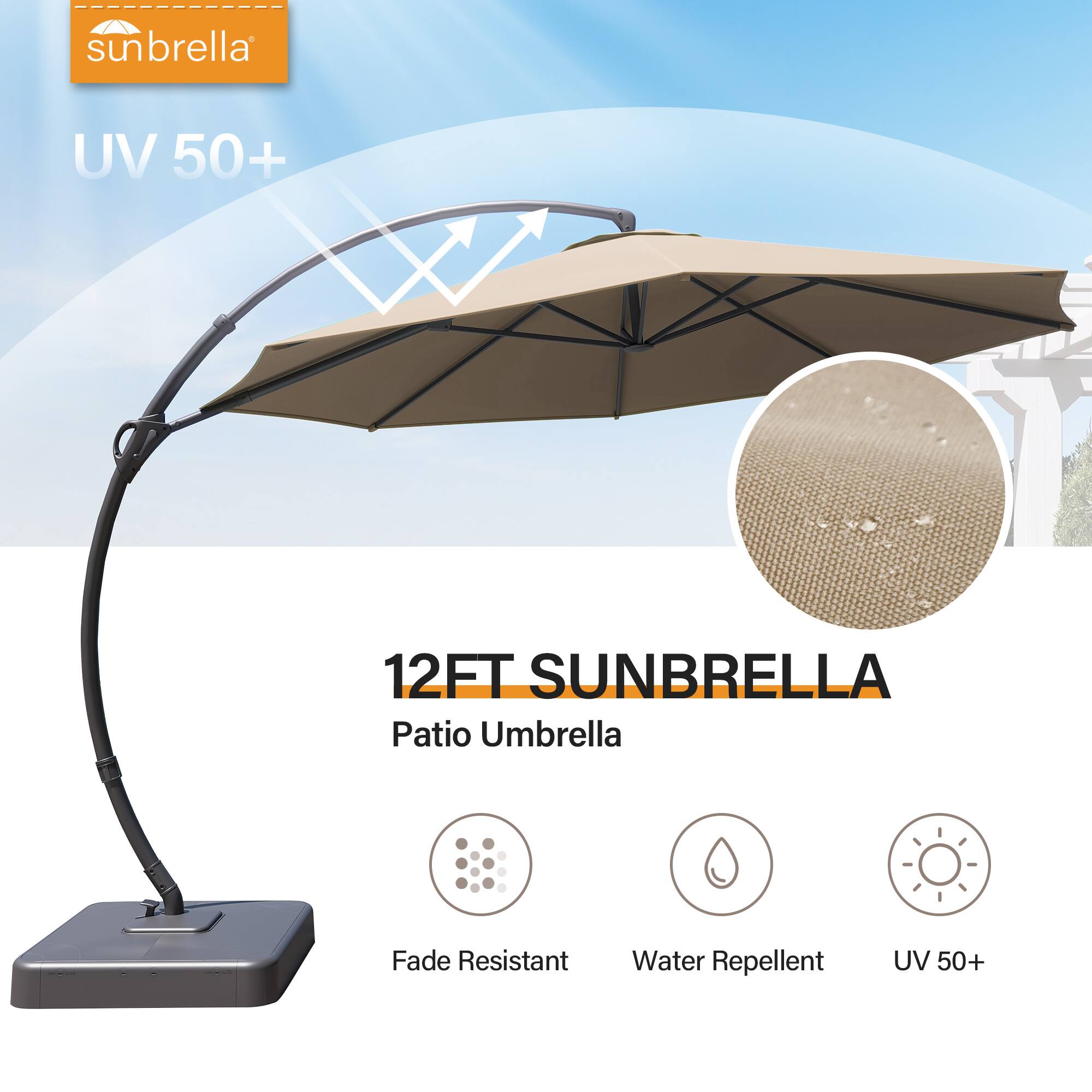 sunbrella UV 50+ 12FT SUNBRELLA Patio Umbrella Fade Resistant Water Repellent UV 50+