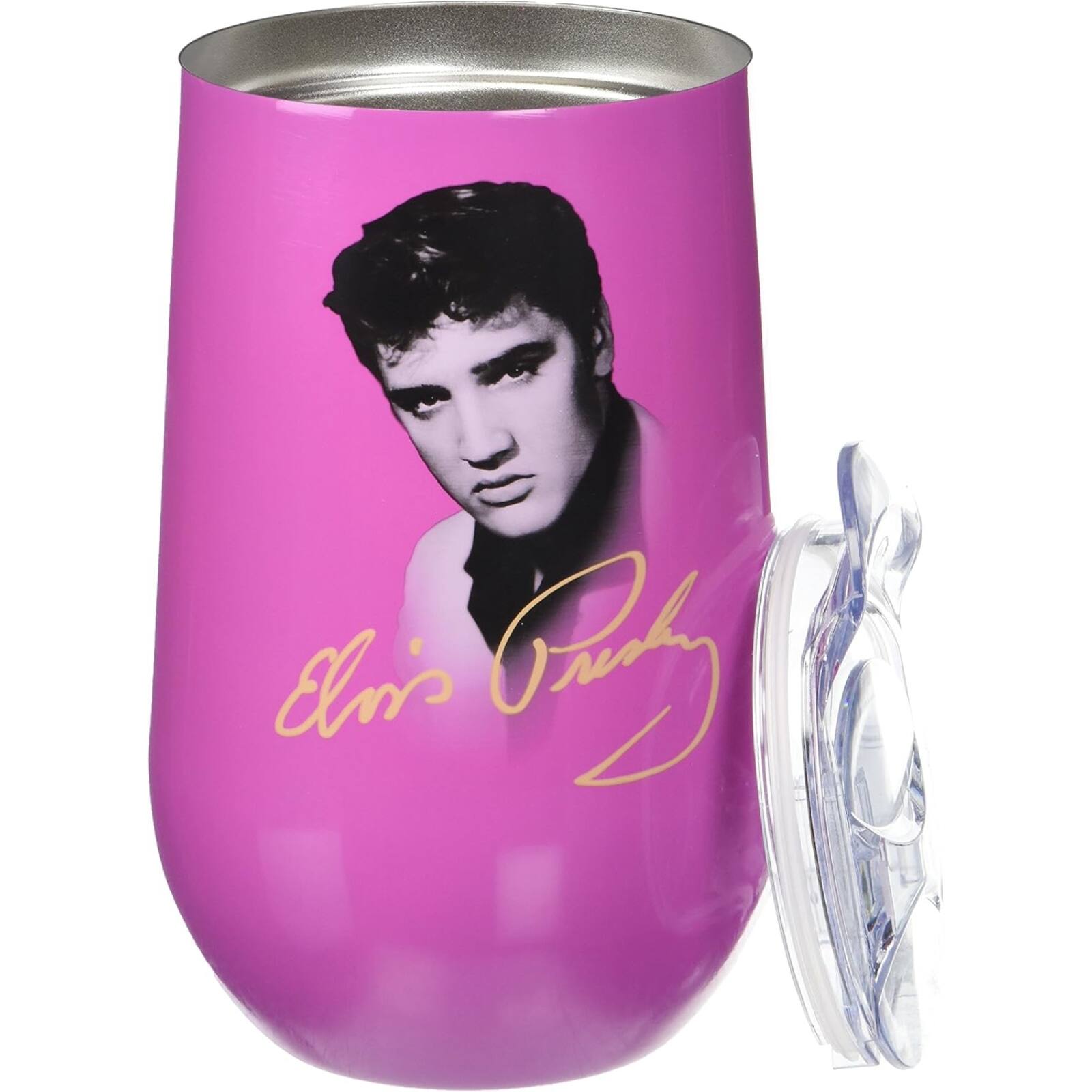 Left. Spoontiques - Pink Elvis Presley Logo Stainless Steel Double Wall Insulated Wine Tumbler 16 ounce - Pink.