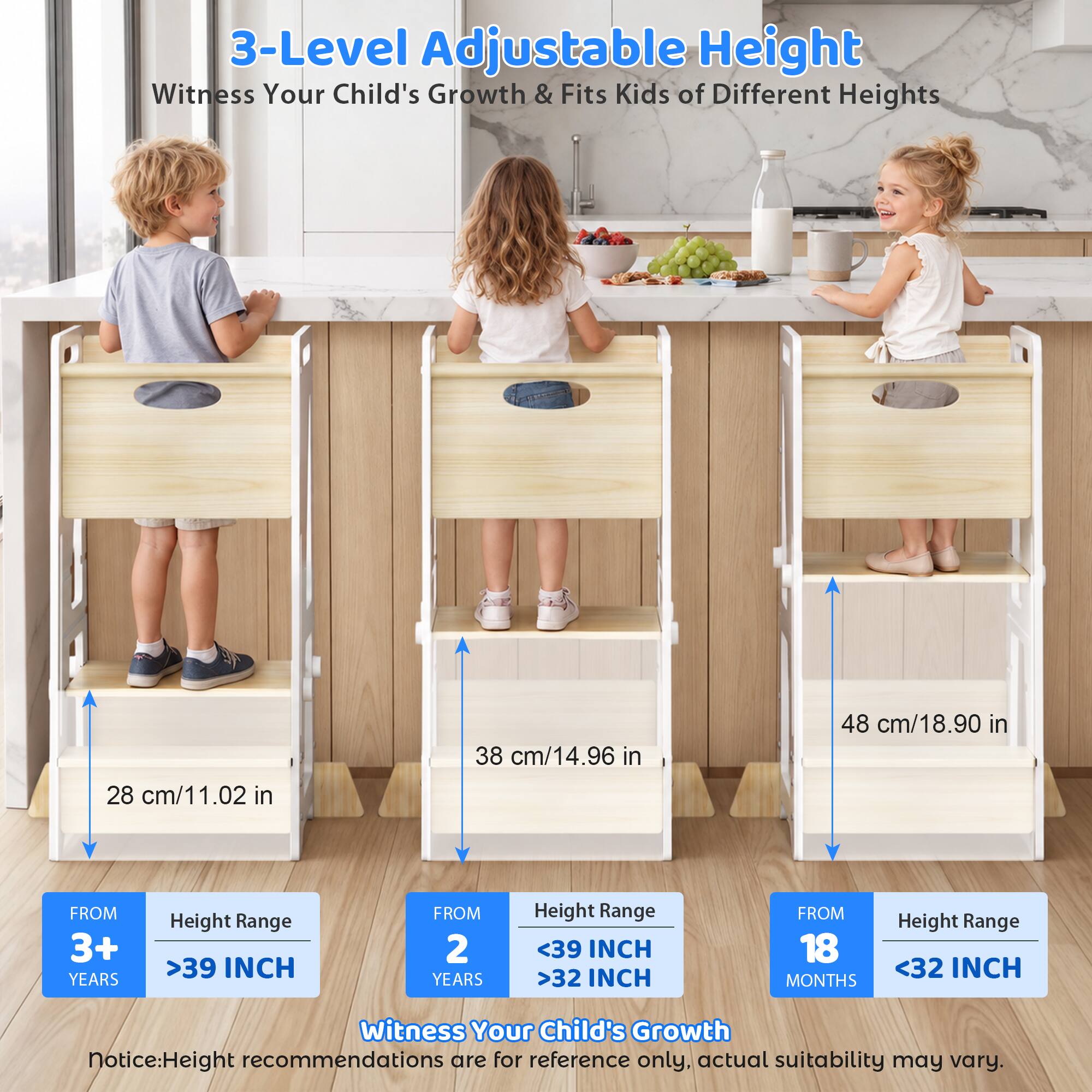Teendow Toddler Standing Tower, Adjustable 3‑Height Kitchen Helper ...
