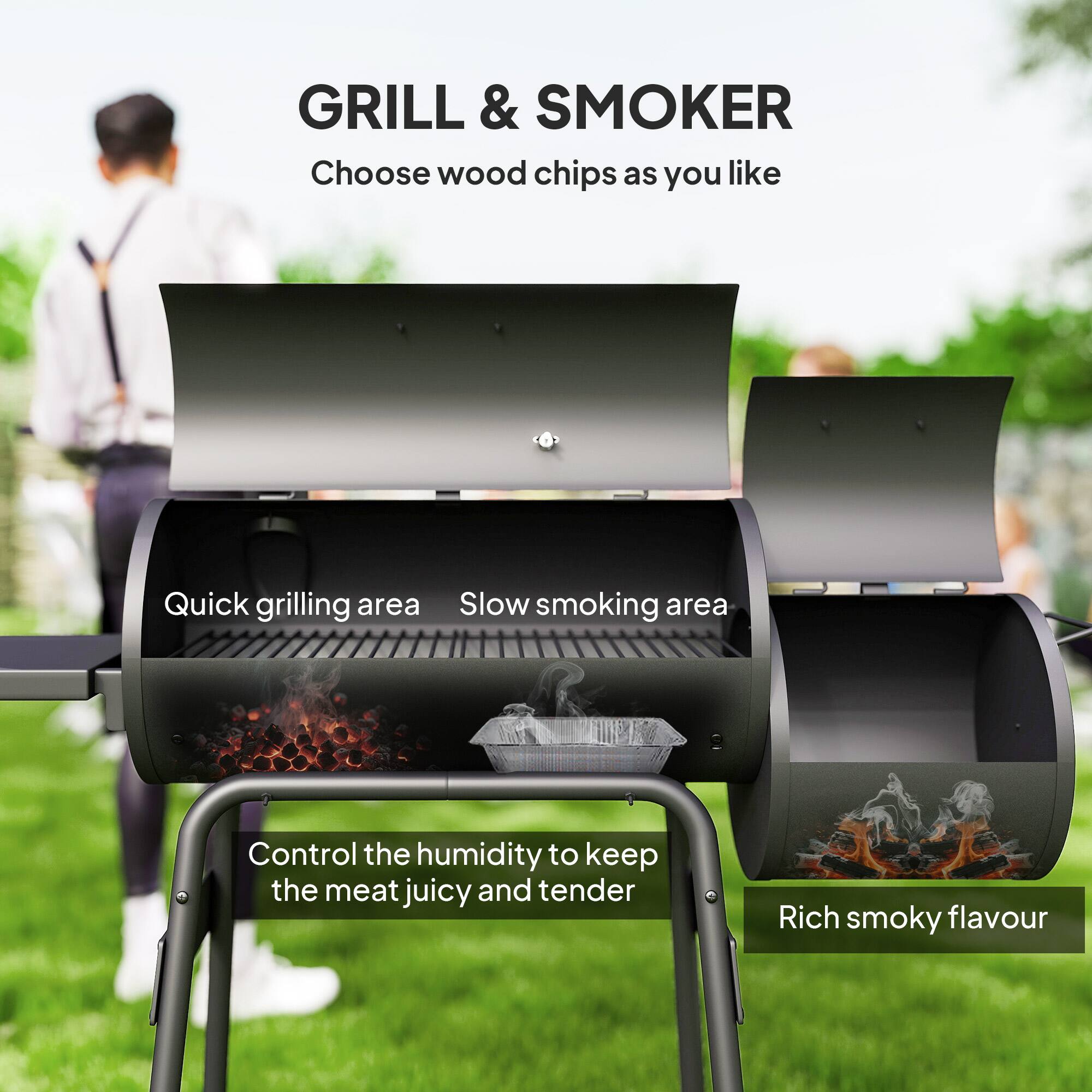 GRILL & SMOKER  
Choose wood chips as you like  

Quick grilling area  
Slow smoking area  

Control the humidity to keep the meat juicy and tender  

Rich smoky flavour