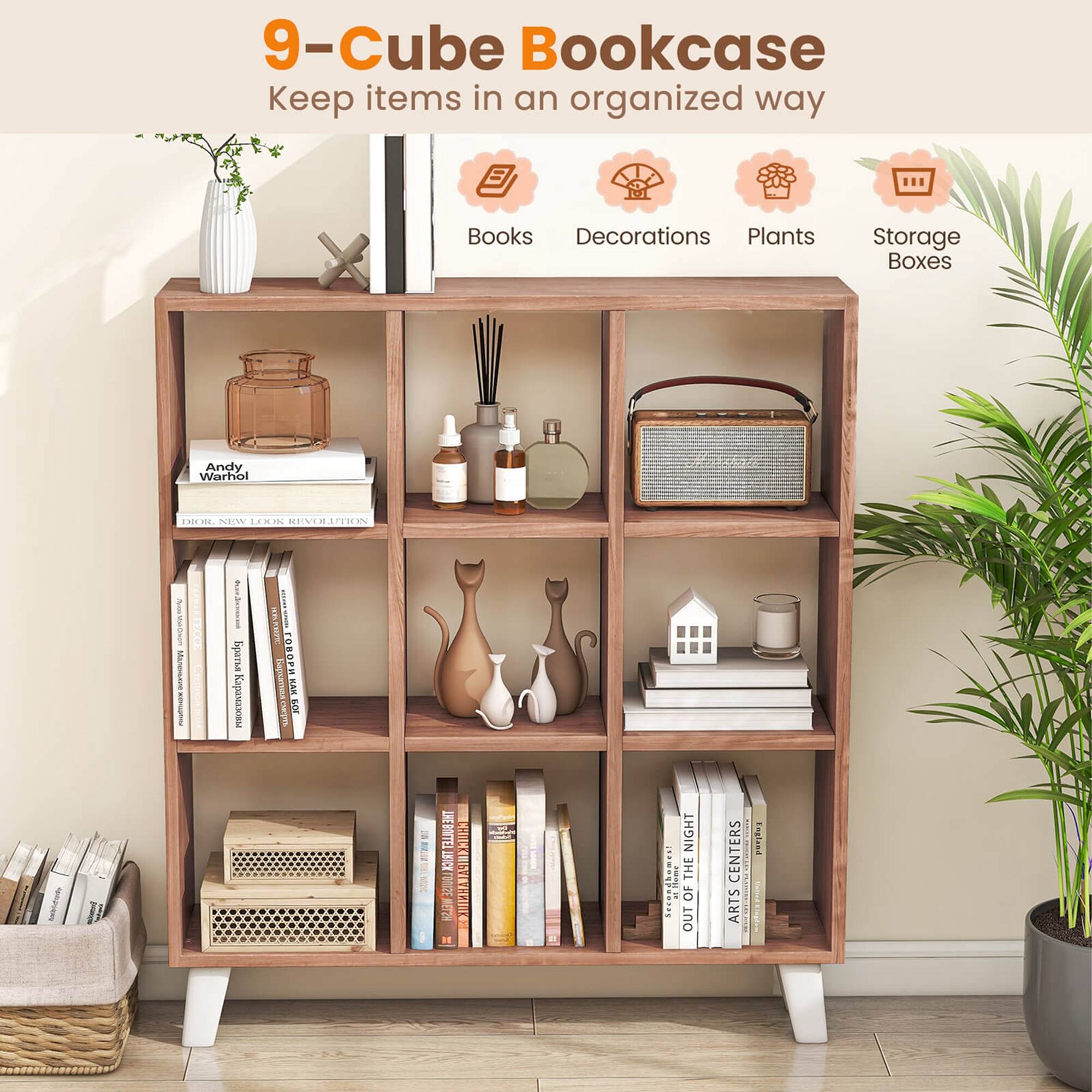 9-Cube Bookcase  
Keep items in an organized way  

Books  
Decorations  
Plants  
Storage Boxes  

Andy Warhol  
DIOR, NEW LOOK, REVOLUTION  

OUT OF THE NIGHT  
ARTS CENTERS  

England