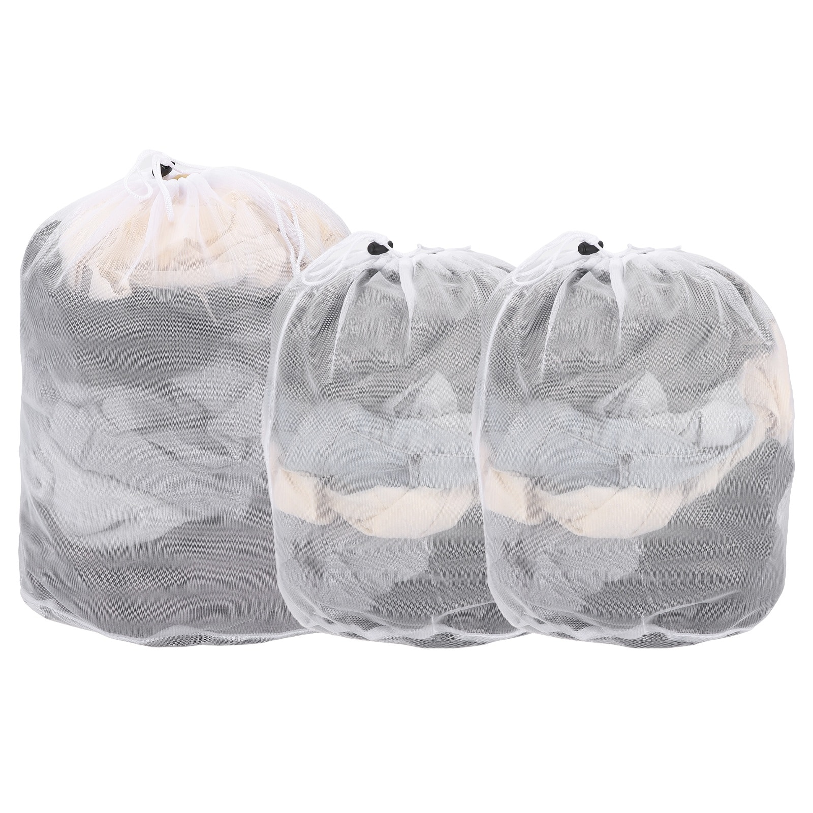 Unique Bargains - Practical 3pcs Mesh Laundry Bag Thin Drawstring Net with M L Sizes for Washing Machine and Home Travel Storage - White