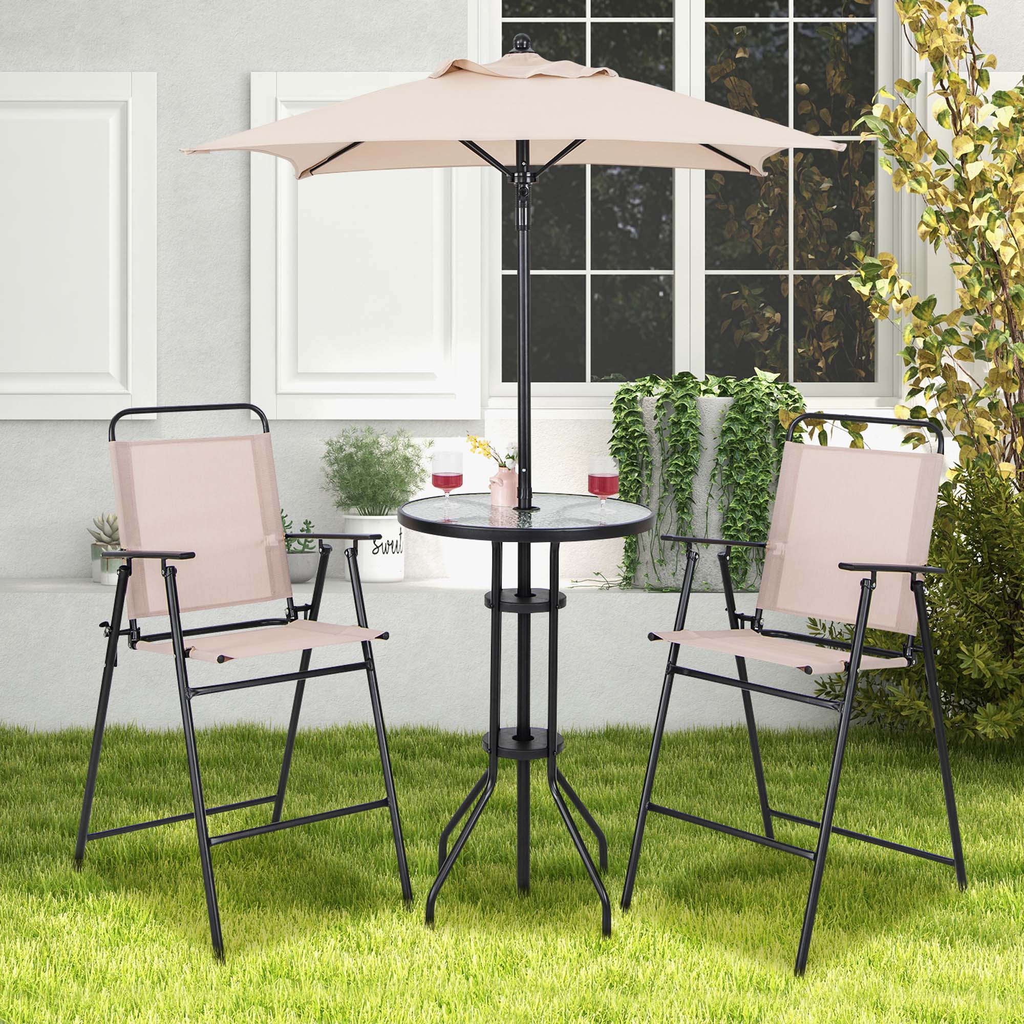 Alt View 4. Costway - Costway 4PCS Patio Bistro Set Folding Counter Height Chairs Round Bar Table& Umbrella - Beige / Black.