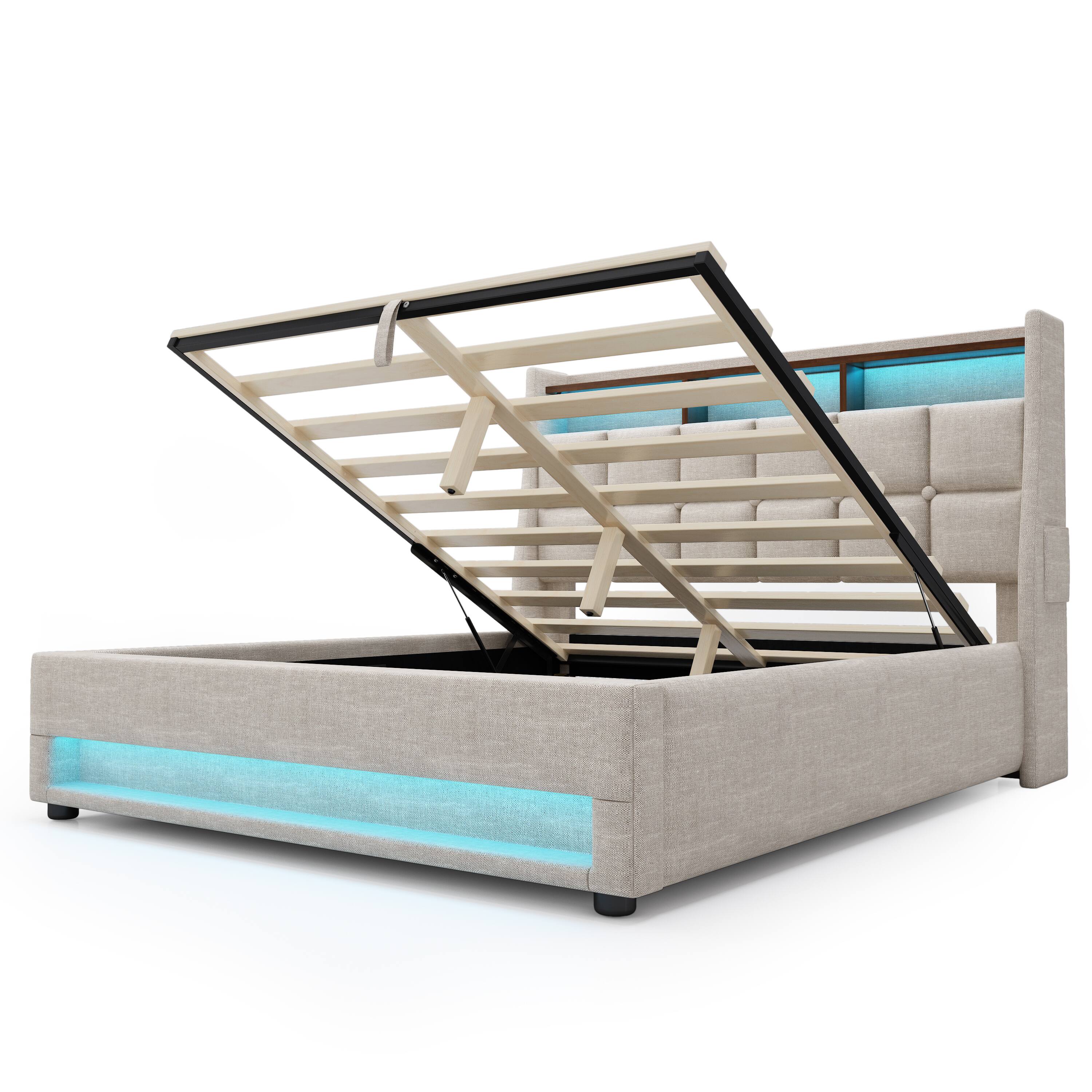 Alt View 3. Anysun - Full Size Upholstered Platform Bed - Hydraulic Storage, LED, Charging Station, No Box Spring, Easy Assembly - Natural.
