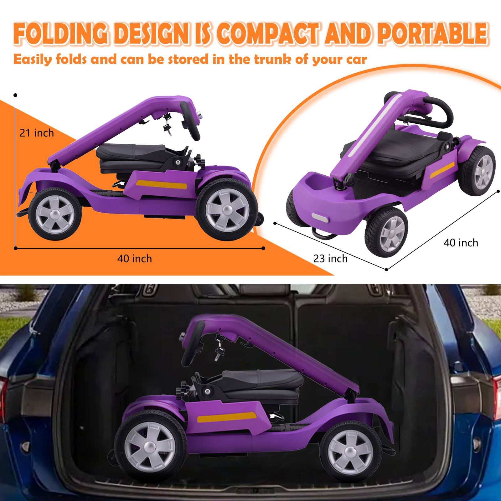 FOLDING DESIGN IS COMPACT AND PORTABLE  
Easily folds and can be stored in the trunk of your car  

21 inch  
40 inch  
23 inch  
40 inch