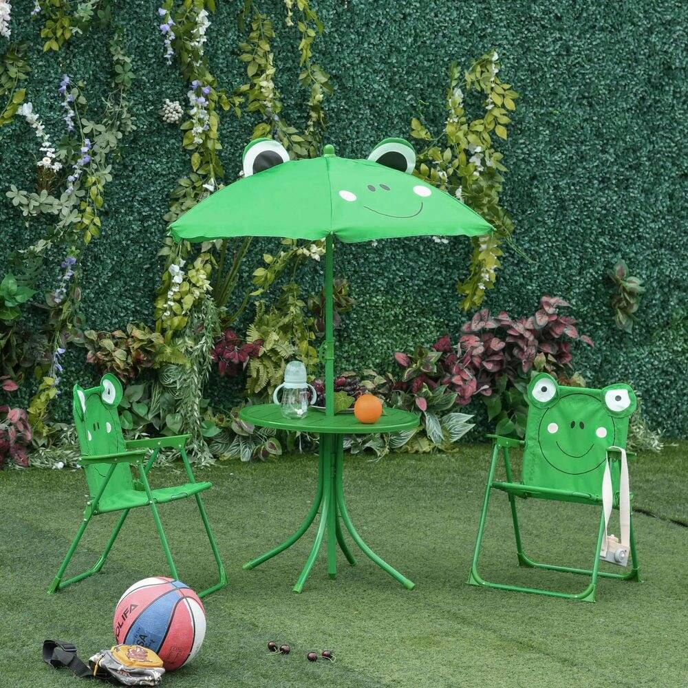 Left. Resenkos - Resenkos 4-Piece Kids Patio Table And Chairs, Frog Pattern,Adjustable Sun Umbrella, Metal, Polyester, Green - Green.