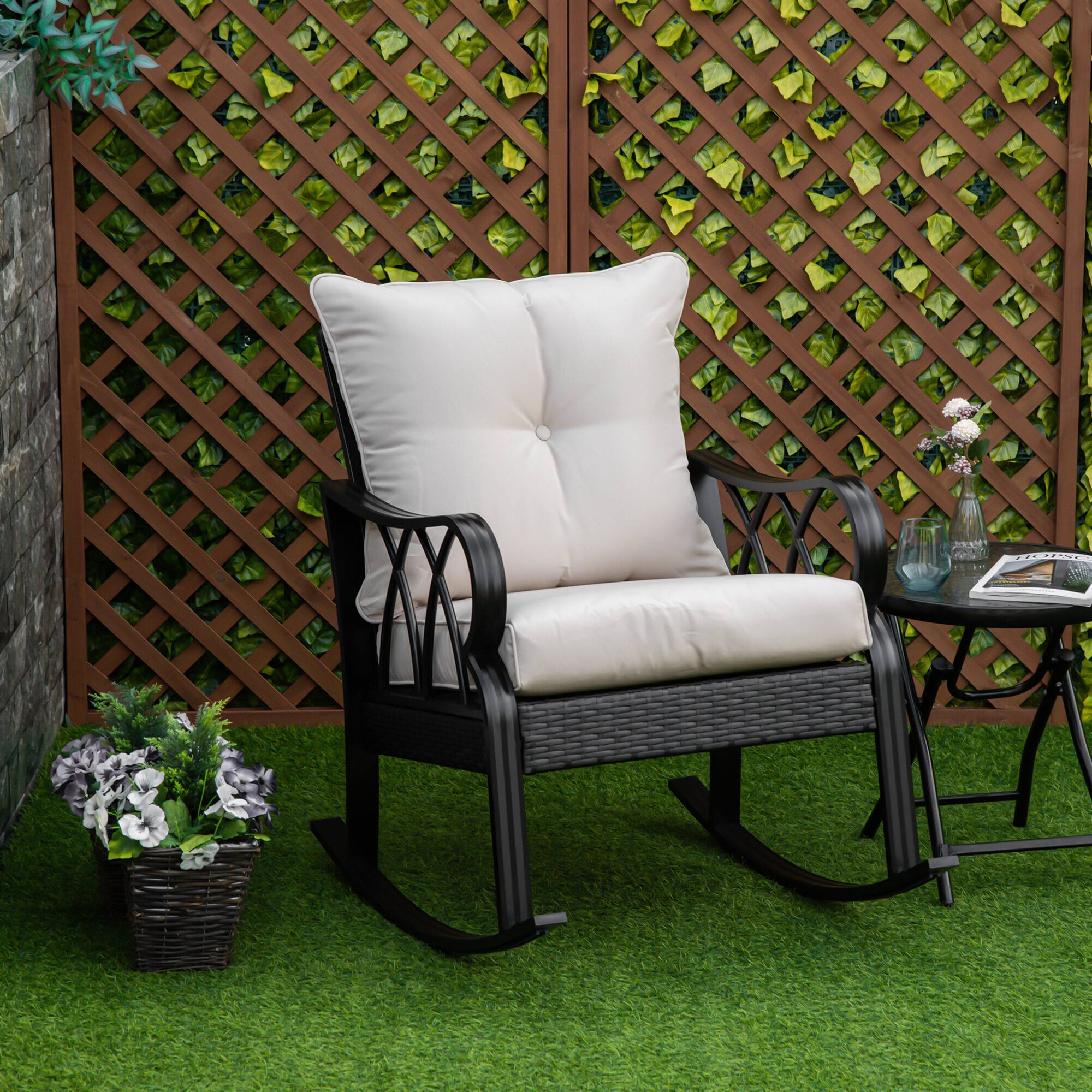 Alt View 1. Outsunny - Outdoor Wicker Rocking Chair with Padded Cushions, Aluminum Furniture Rattan Porch Rocker Chair w/ Armrest - Khaki.