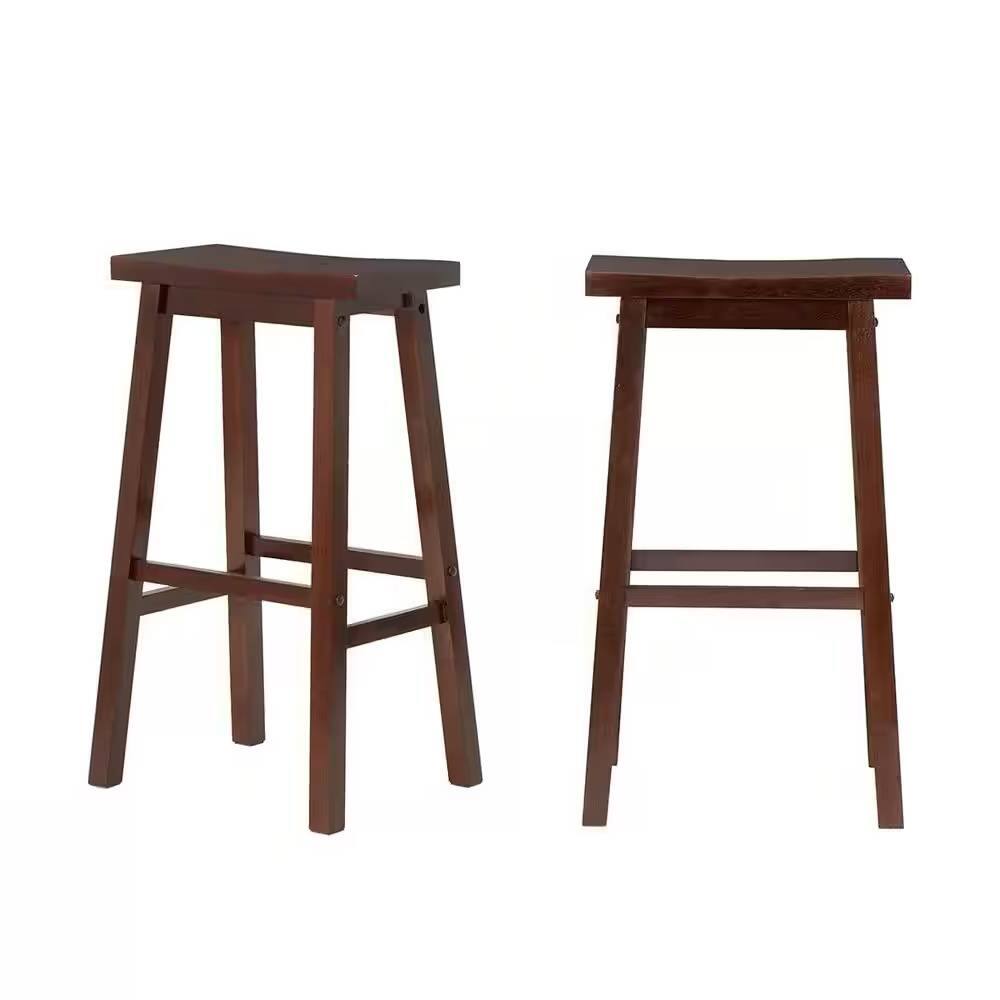 Back. Hivvago - Set of 2 Farmhouse Bar Height Saddle Seat Barstools in Brown Walnut Wood Finish - brown.