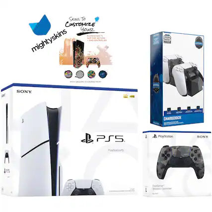 **mighty skins**
**Skins To Customize Your PS5 Slim Disc Edition**
**PlayStation 5 Slim Disc Edition**
**One Controller**
**Many Designs To Choose From!**
**SONY**
**PlayStation 5**
**4K HDR**
**CHARGEDOCK**
**PlayStation 5**
**DualSense Wireless Controller**
**For PS5**