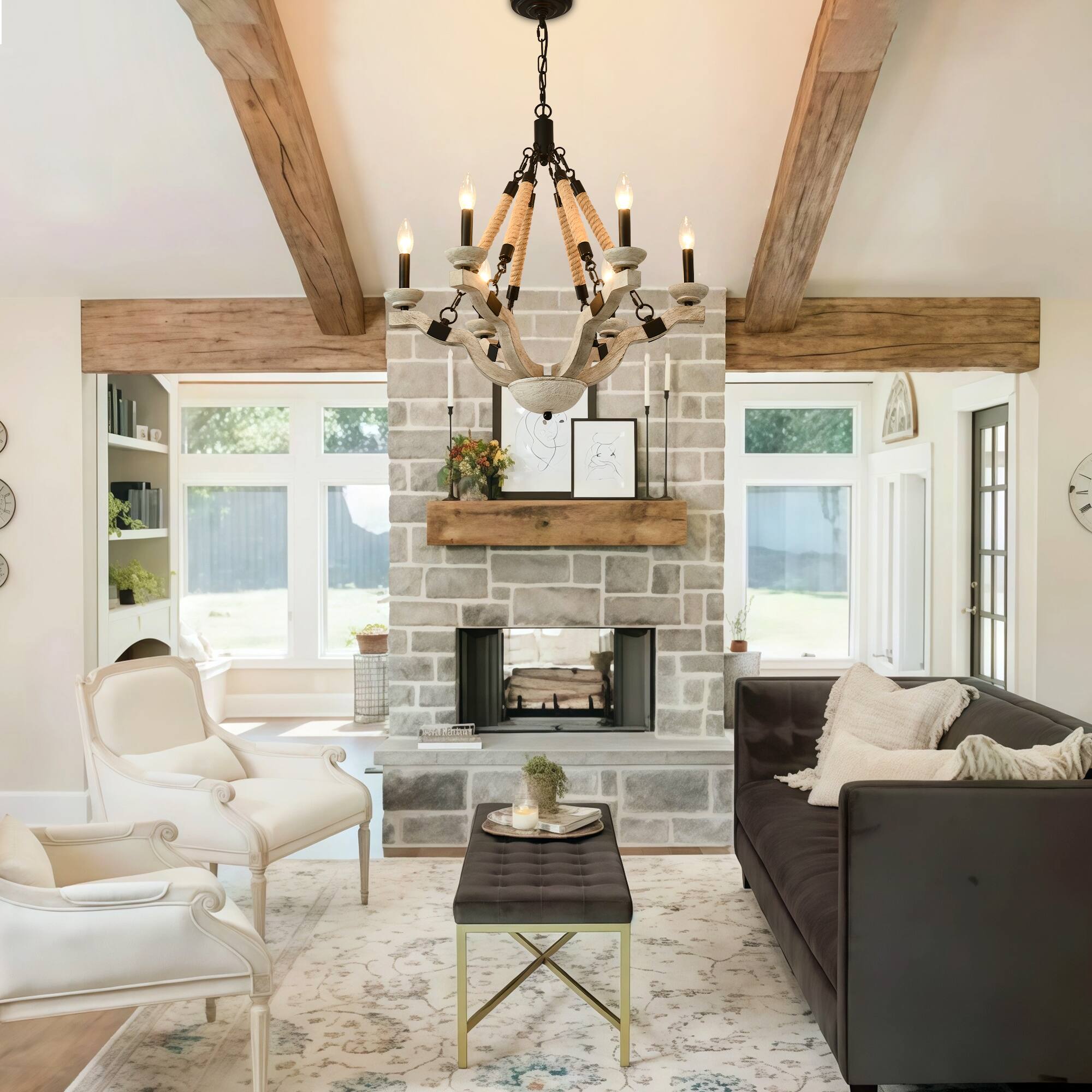 Angle. RYHNUYNE - 24in Farmhouse Wood & Rope Chandelier - 6-Light Rustic Candle Pendant Light for Dining Room, Kitchen Island, Living Room.