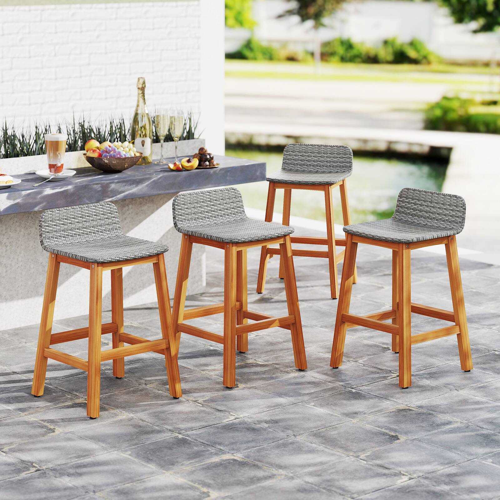 Alt View 1. Gymax - Gymax Solid Acacia Wood Bar Stools Set of 4 Rattan Bar Height Patio Chairs for Porch - Natural.