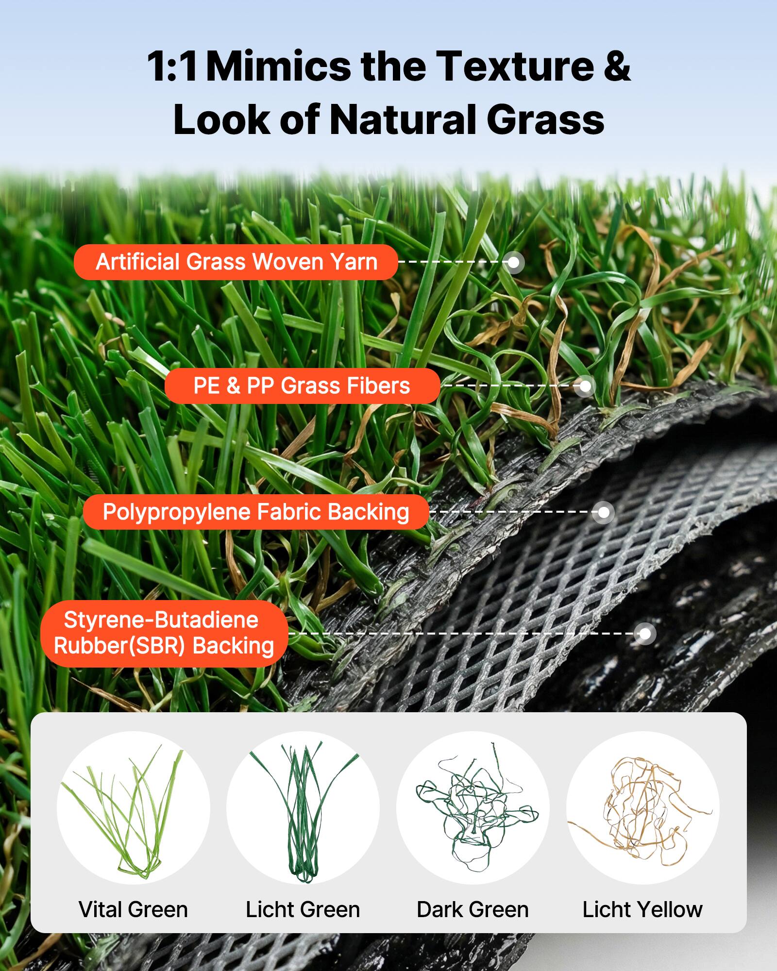 1:1 Mimics the Texture & Look of Natural Grass

- Artificial Grass Woven Yarn
- PE & PP Grass Fibers
- Polypropylene Fabric Backing
- Styrene-Butadiene Rubber (SBR) Backing

Colors:
- Vital Green
- Licht Green
- Dark Green
- Licht Yellow