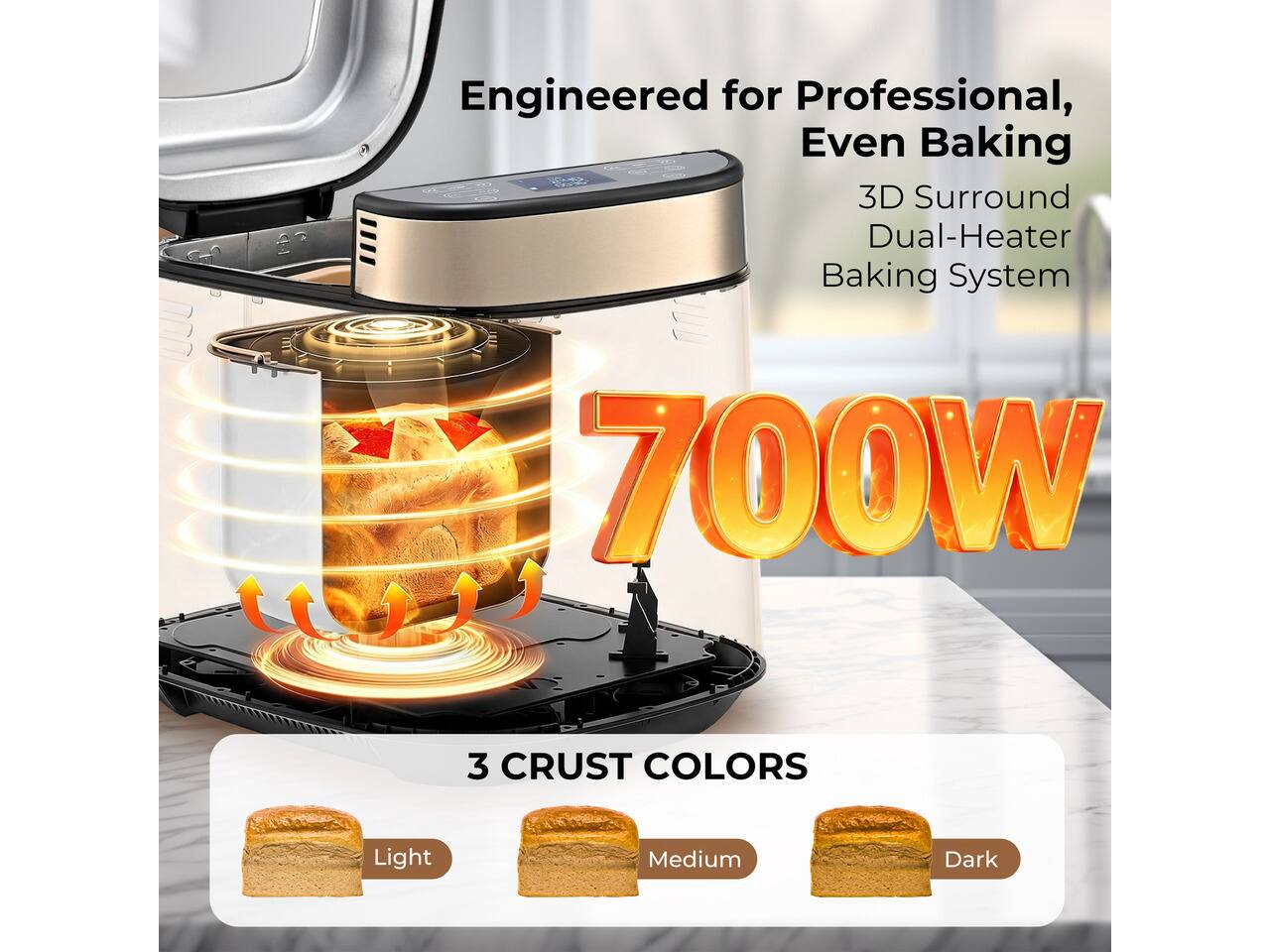 Engineered for Professional, Even Baking  
3D Surround Dual-Heater Baking System  
700W  

3 CRUST COLORS  
Light  
Medium  
Dark