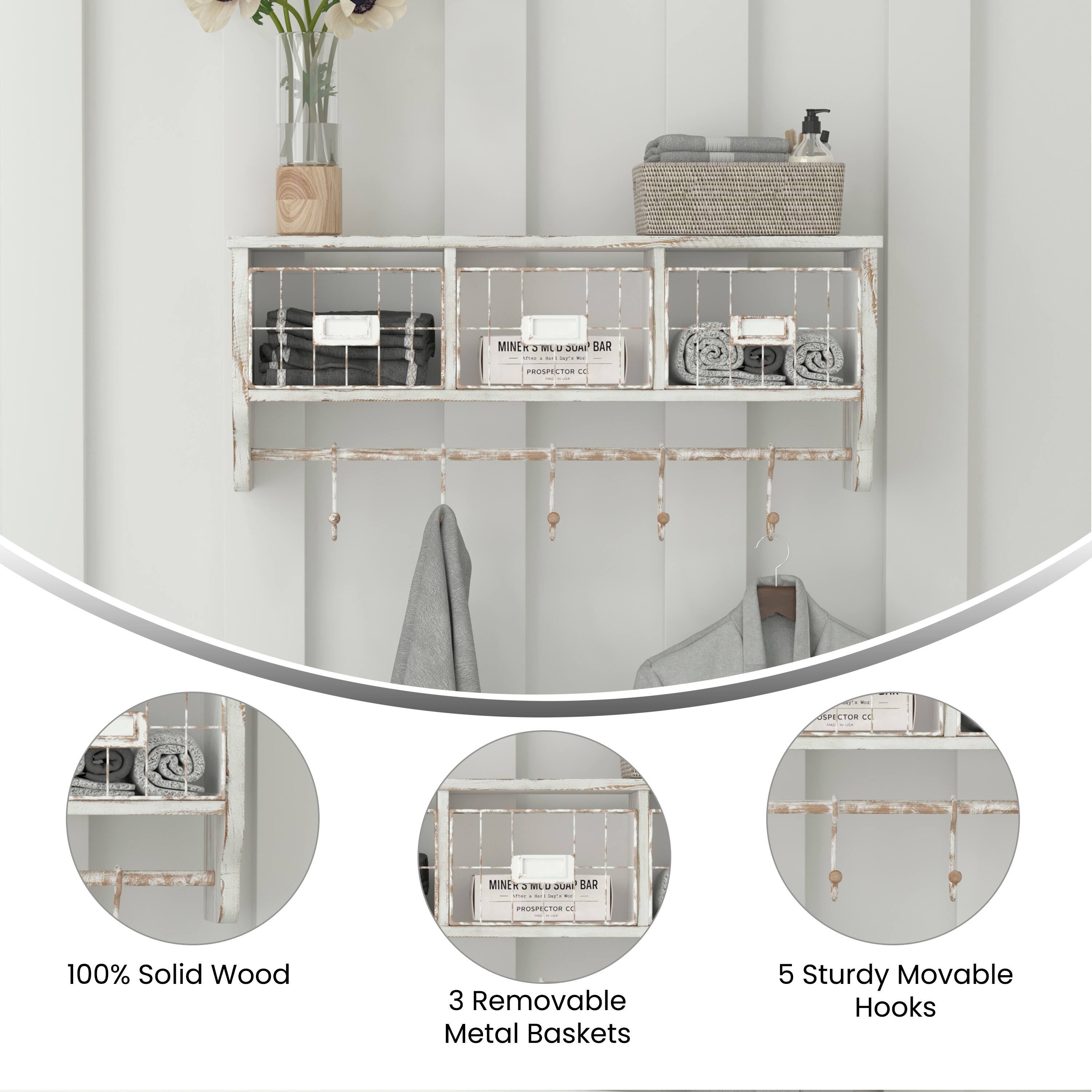 MINE - PROSPECTOR d. MINE a - W uA BAR - PROSP -o d

100% Solid Wood
3 Removable Metal Baskets
5 Sturdy Movable Hooks