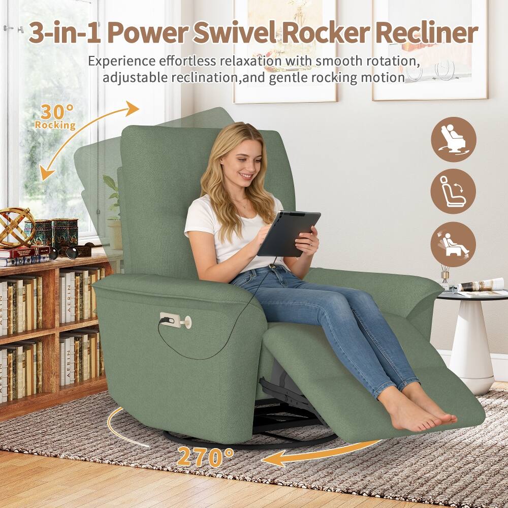 3-in-1 Power Swivel Rocker Recliner

Experience effortless relaxation with smooth rotation, adjustable reclination, and gentle rocking motion

30° Rocking

270°