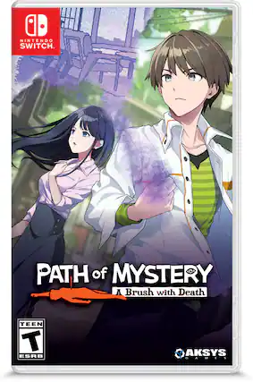 A Nintendo Switch game titled "Path of Mystery: A Brush with Death" by AKSYS Games, rated Teen by ESRB. - T (Teen 13+)
