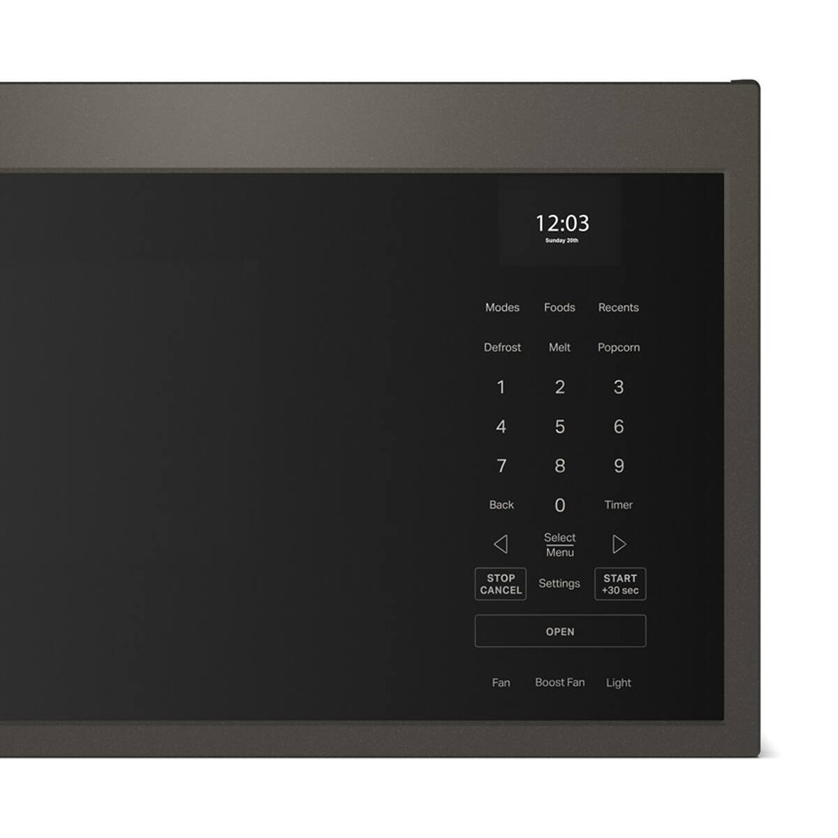 12:03 Sunday - Modes Foods Recents Defrost Melt Popcorn 1 2 3 4 5 6 7 8 9 Back 0 Timer Select Menu STOP CANCEL Settings START +30 sec OPEN Fan Boost Fan Light