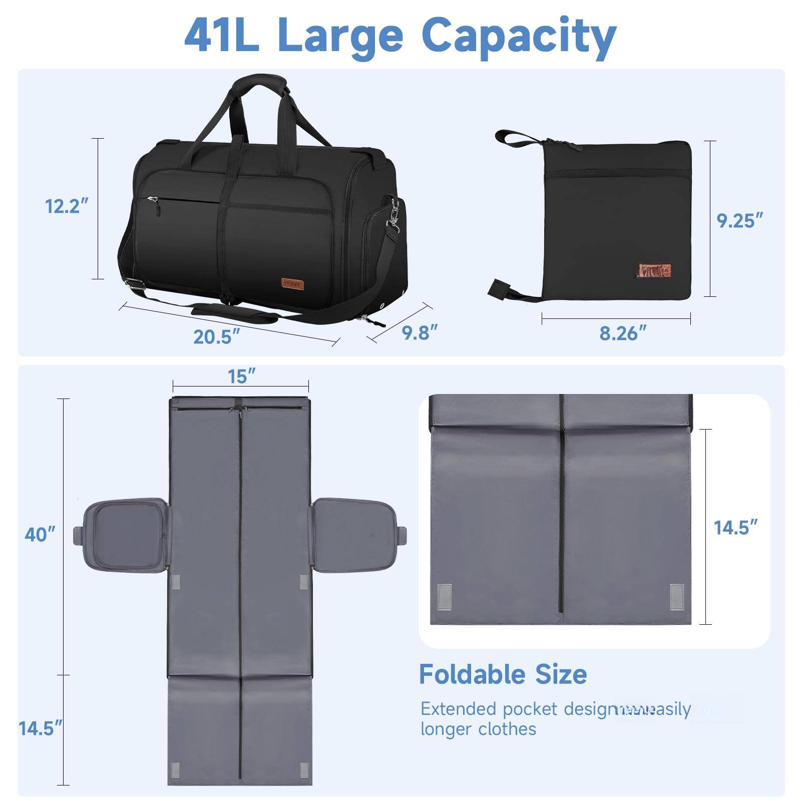 41L Large Capacity

Foldable Size

Extended pocket design makes it easily longer clothes

Dimensions:
- 12.2" x 20.5" x 9.8"
- 9.25" x 8.26"
- 40" x 14.5" x 14.5"
