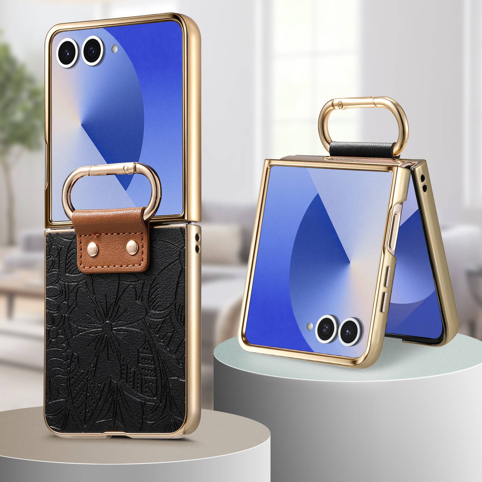Left. Dteck - Shockproof Floral Leather Texture Case for Samsung Galaxy Z Flip8, Electroplated Rigid Plastic Cover with Ring Holder - Black.
