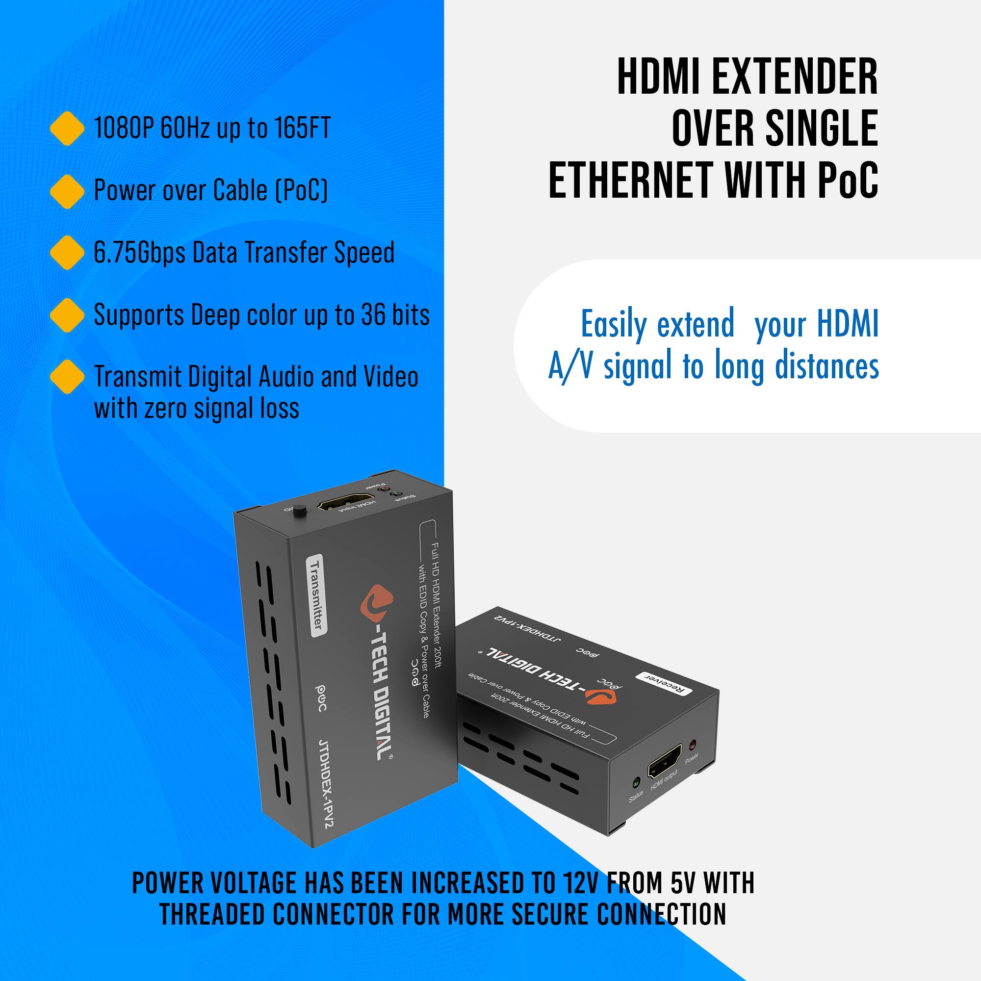 - 1080P 60Hz up to 165FT
- Power over Cable (PoC)
- 6.75Gbps Data Transfer Speed
- Supports Deep color up to 36 bits
- Transmit Digital Audio and Video with zero signal loss

HDMI EXTENDER OVER SINGLE ETHERNET WITH PoC

Easily extend your HDMI A/V signal to long distances

POWER VOLTAGE HAS BEEN INCREASED TO 12V FROM 5V WITH THREADED CONNECTOR FOR MORE SECURE CONNECTION