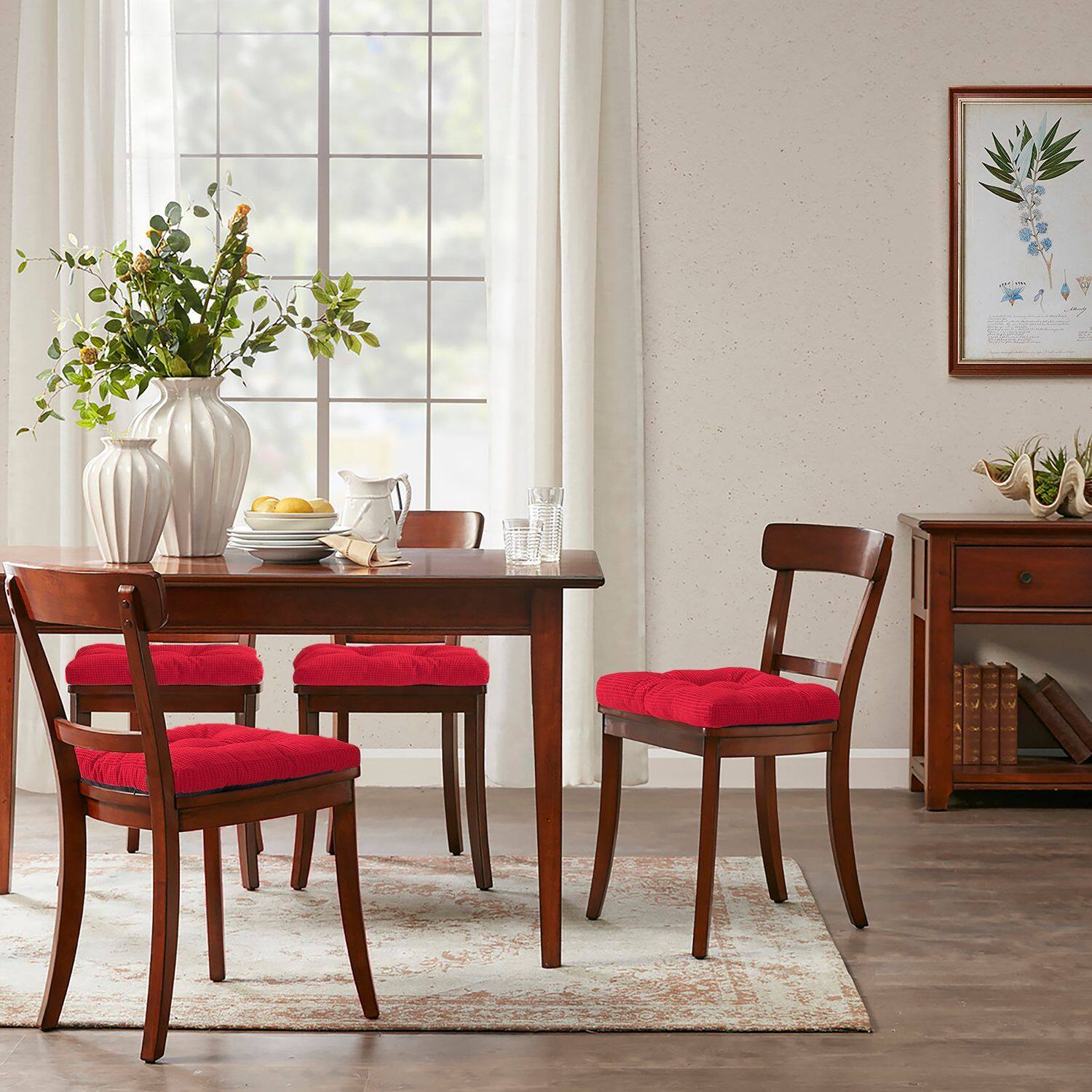 Left. Sweet Home Collection - Crushed Memory Foam Tufted Chair Cushion Non Slip Microdot Rubber Back, 12-Pack - Red.