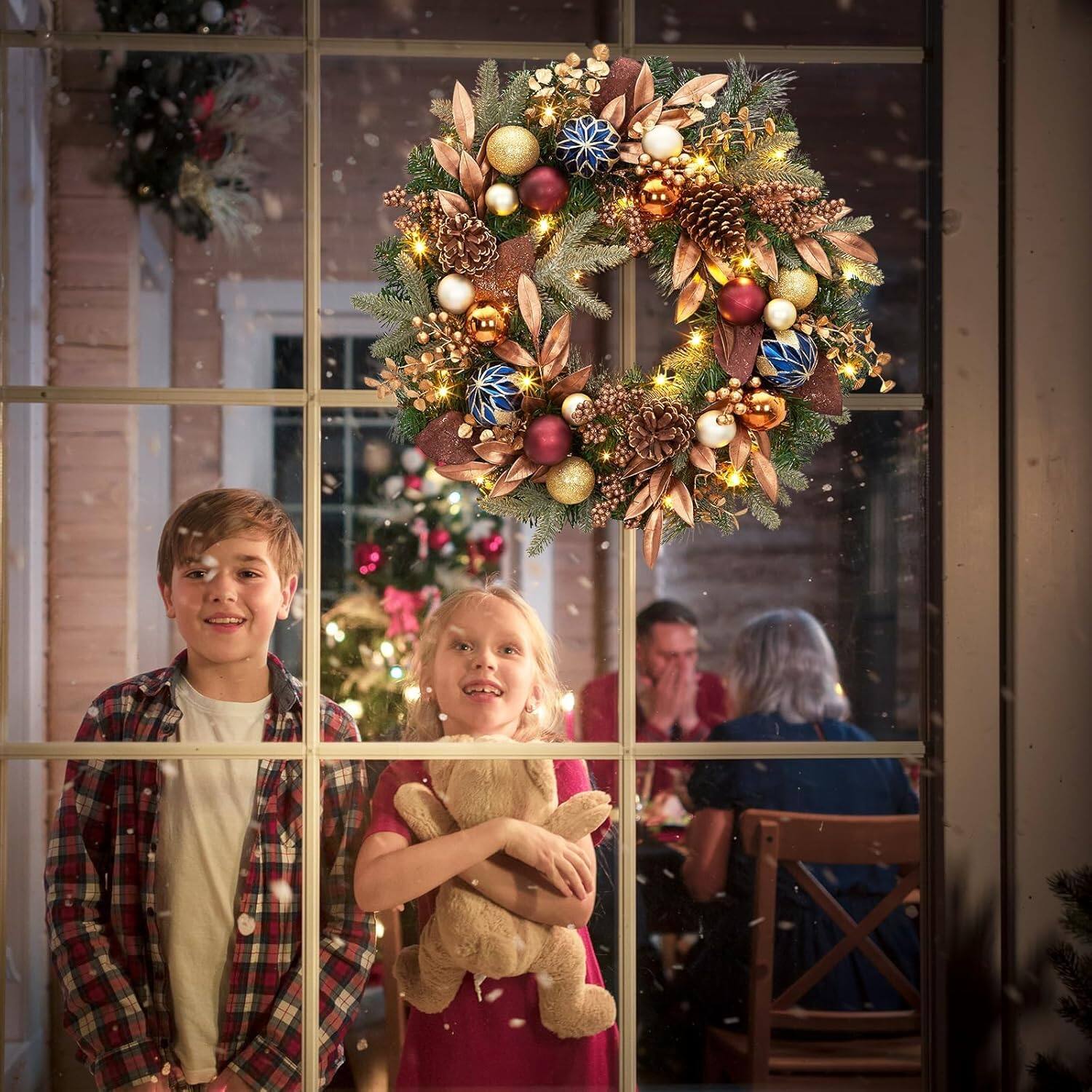 Alt View 5. GARVEE - 24 Inch Christmas Wreath, Artificial Xmas Wreath with Pine Cones and Christmas Balls, for Front Door Decor - Green.