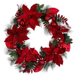 Vickerman - 28" Merry Poinsettia Decorated Wreath - Red