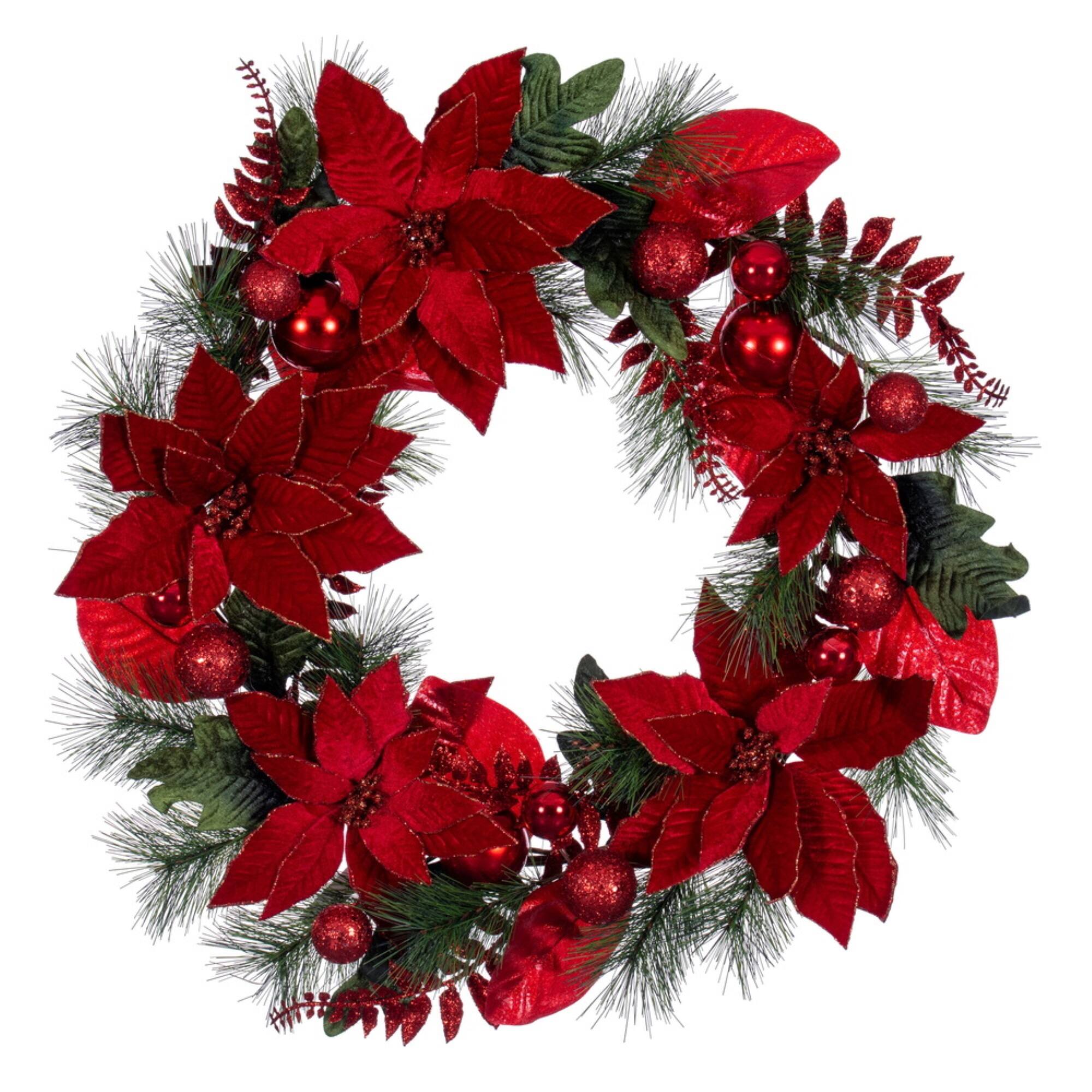 Front. Vickerman - Vickerman 28" Merry Red Poinsettia Decorated Wreath - Red.