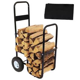 Sunnydaze - Steel Log Cart Carrier and Storage Rack with Wheels and Cover - Black