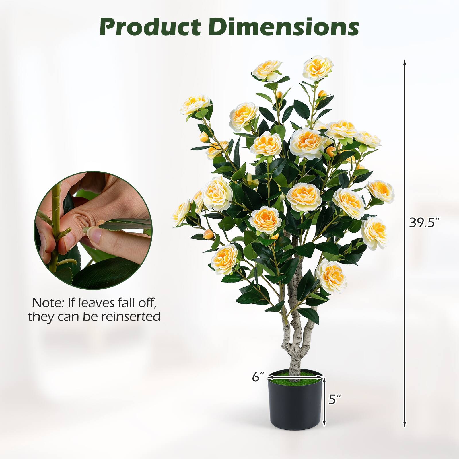 Product Dimensions: 39.5"  
Note: If leaves fall off, they can be reinserted  
6" x 5"