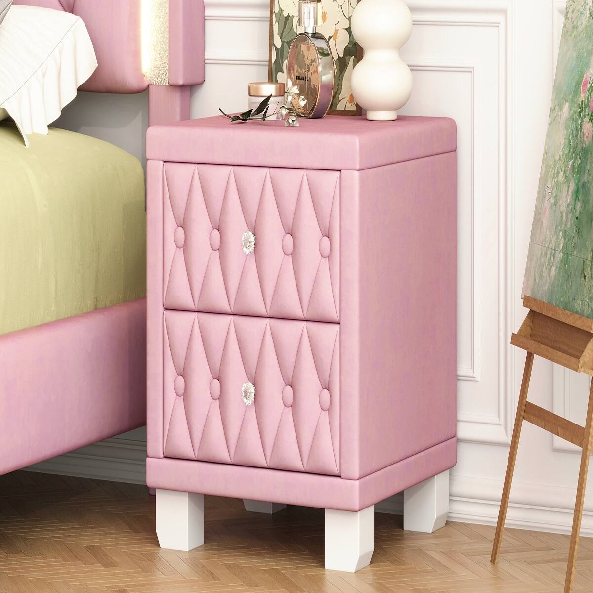 Alt View 8. Loheer - Loheer Pink Velvet Nightstand with Two Drawers, Button-Tufted Design and Crystal Handles, 18.1 in. - Pink.