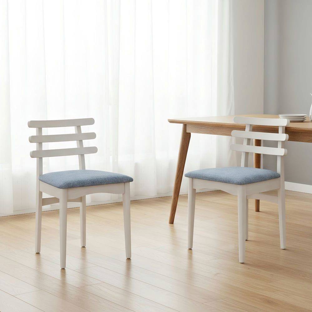 Front. Kadyn - Set of 2 Fabric Kitchen Side Chairs with Padded Seat and Rubberwood Frame, Light Blue and White Wash - Blue.