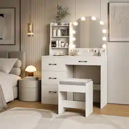 WELLFOR - Vanity Desk with Mirror and Lights, Dressing Table with Charging Station & 4 Drawers Makeup Vanity with Stool - White