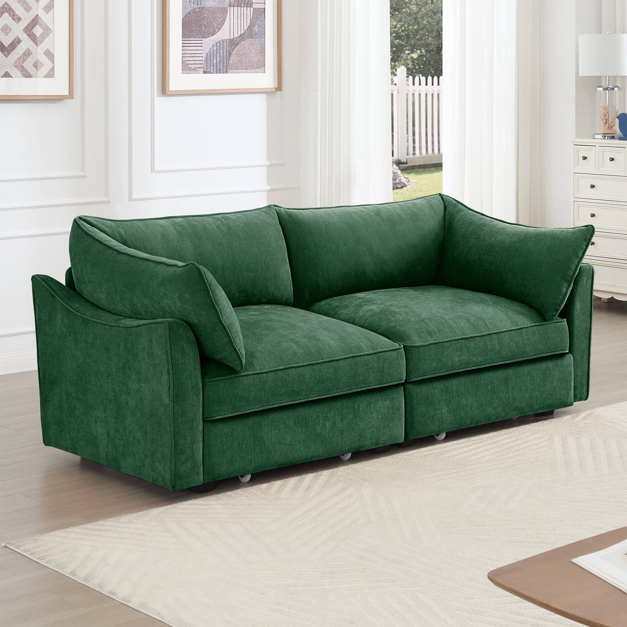 Angle. Aukfa - 2-Seater Sofa with Pull-Out Storage Drawers - Crescent-Shaped Armrests, Chenille Fabric, Wraparound Cushions - Green.