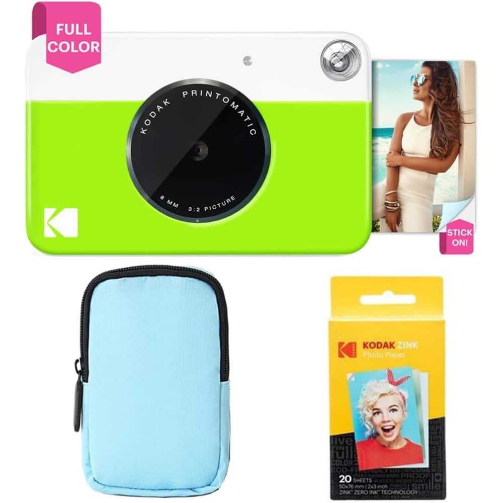 Kodak - Printomatic Full-Color Instant Print Camera Starter Bundle + Soft Case + Zink 20 Pack - Green