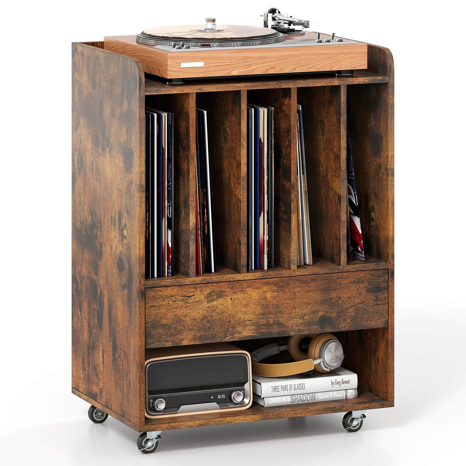 Ecooso - Turntable Stand with Drawer and Vinyl Record Holder, Record Player Storage Cabinet - Walnut