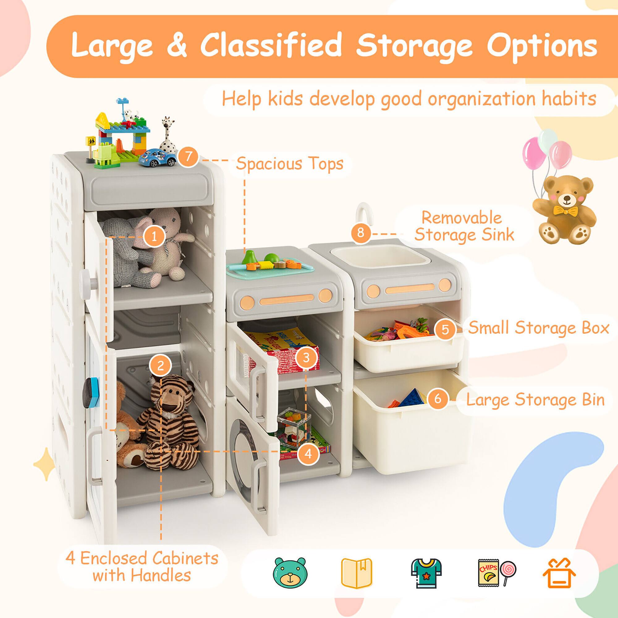 Large & Classified Storage Options  
Help kids develop good organization habits  

1. Spacious Tops  
2. 4 Enclosed Cabinets with Handles  
3. Small Storage Box  
4. Large Storage Bin  
5. Removable Storage Sink  
6. 7