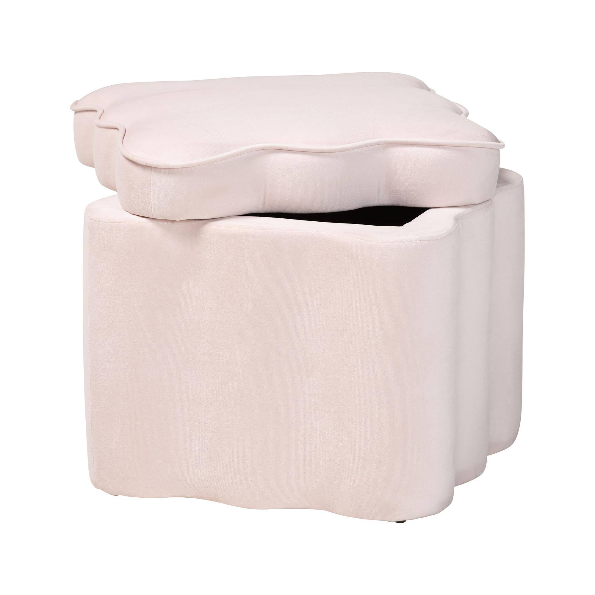 Angle. Baxton Studio - Paulina Velvet Storage Ottoman - Lid Top Accent Stool with Interior Storage and Scalloped Outline - Light Pink/Black.