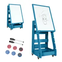 Costway - Kids' Standing Art Easel Dry-Erase Board Double Sided Chalkboard - Navy - Front_Zoom