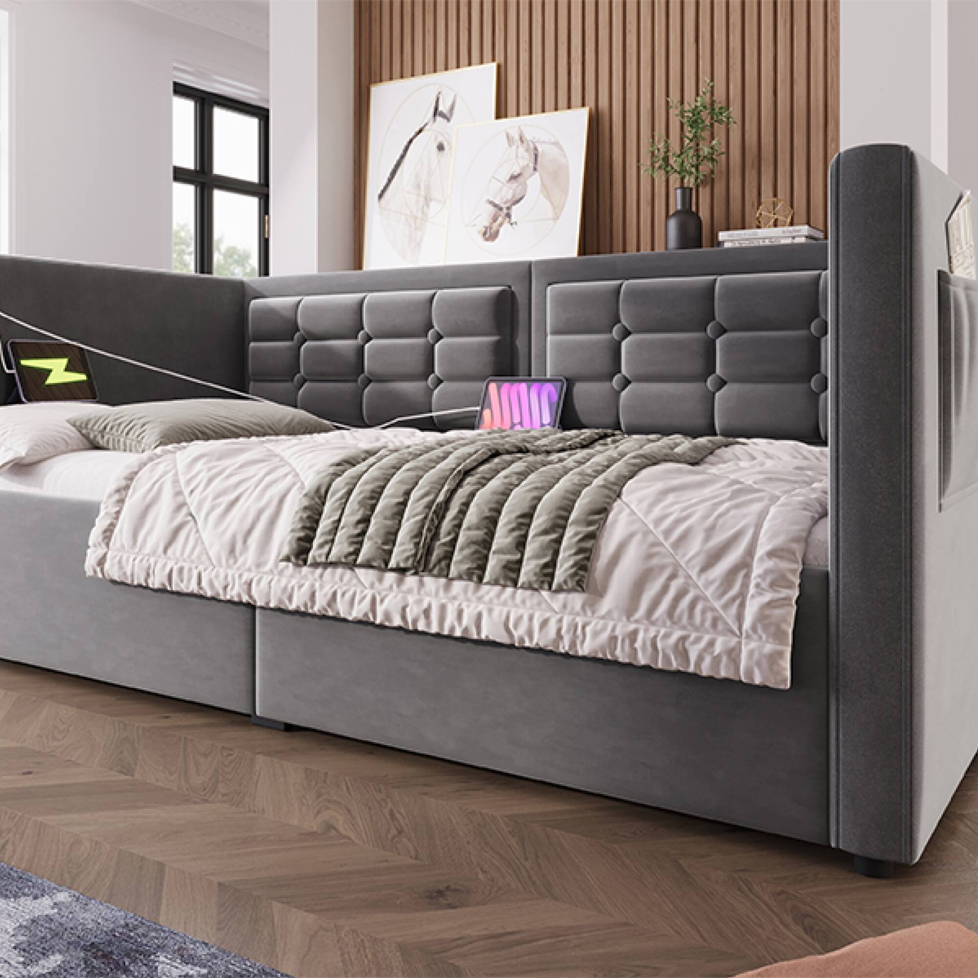 Alt View 5. GOODSILO - Upholstered Twin Size Daybed with Hydraulic Storage and USB Charging, Tufted Sofa Back Design - Gray.