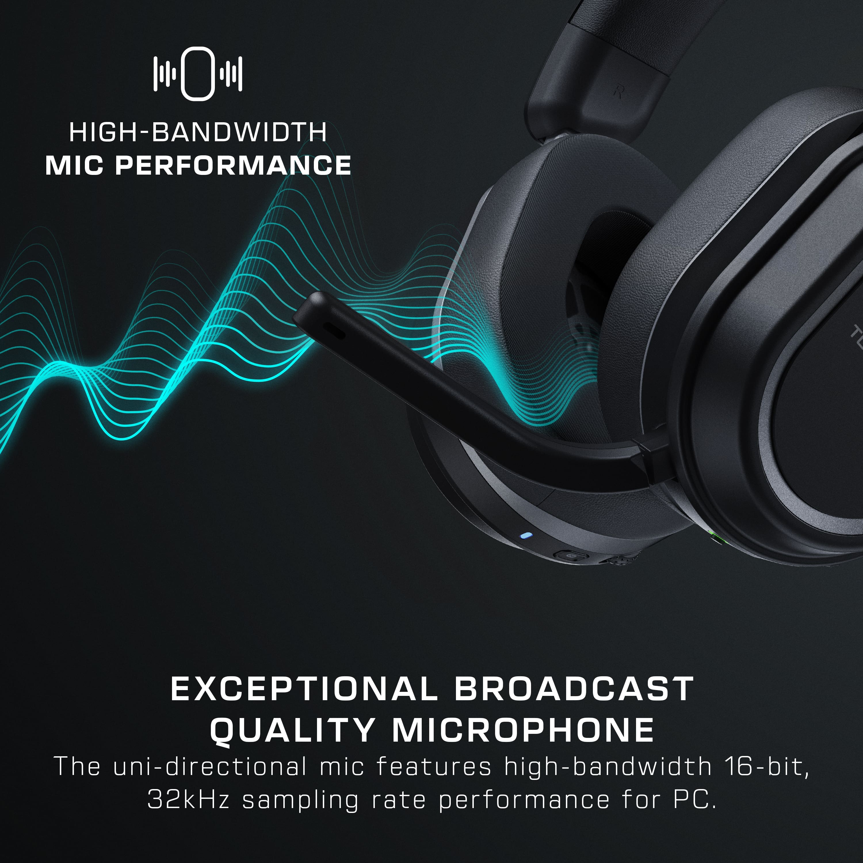 The image features a high-bandwidth microphone with exceptional broadcast quality. The uni-directional mic has a 16-bit, 32kHz sampling rate performance, making it ideal for PC use.