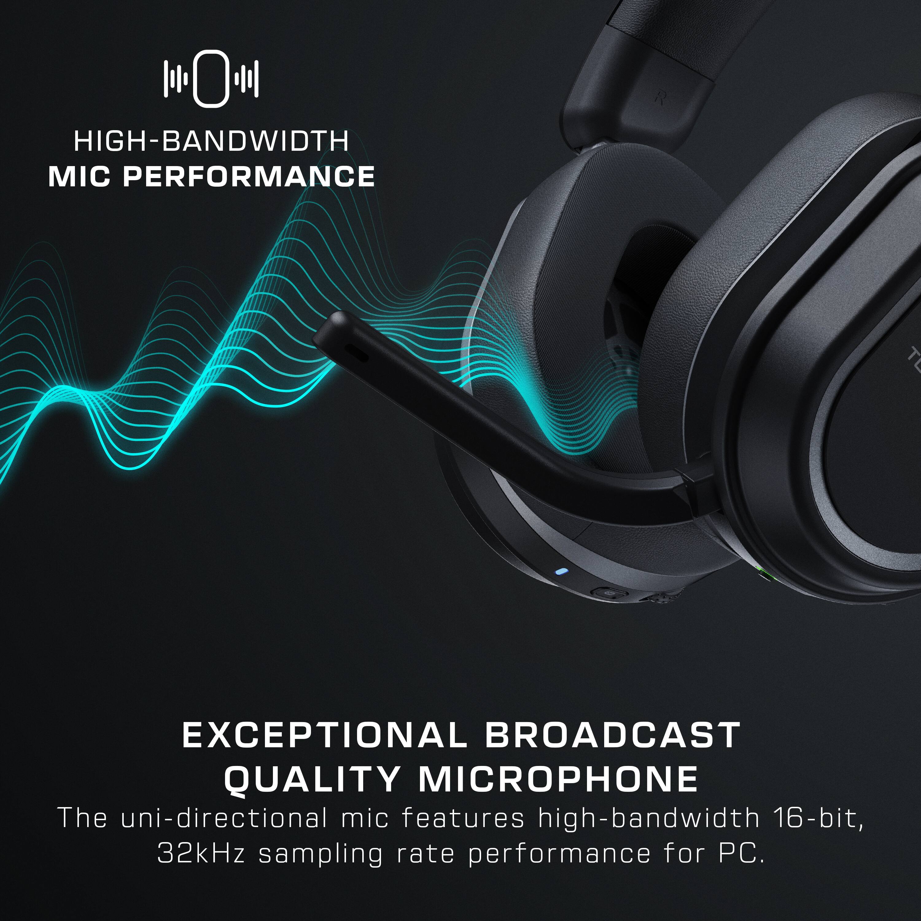 The image features a high-bandwidth microphone with exceptional broadcast quality. The uni-directional mic has a 16-bit, 32kHz sampling rate performance, making it ideal for PC use.