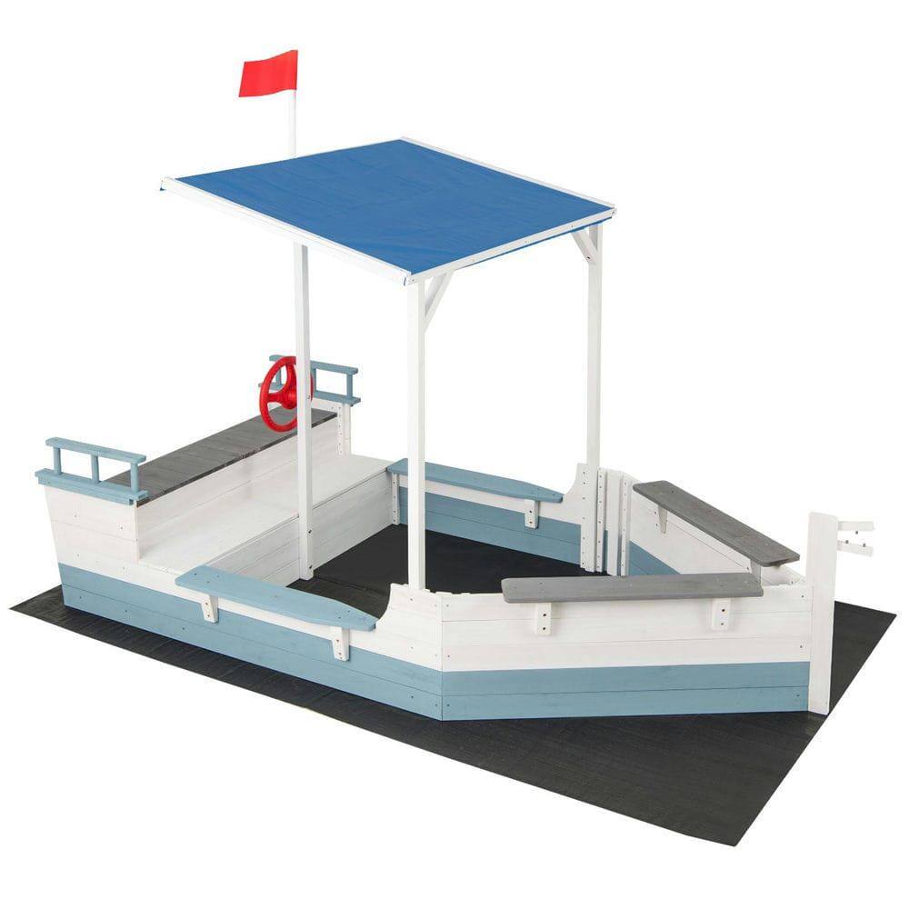 Front. Resenkos - Pirate Ship Sandbox with Canopy, Bench Seats & Bottom Liner - Creative Outdoor Play Toy for Kids - White.
