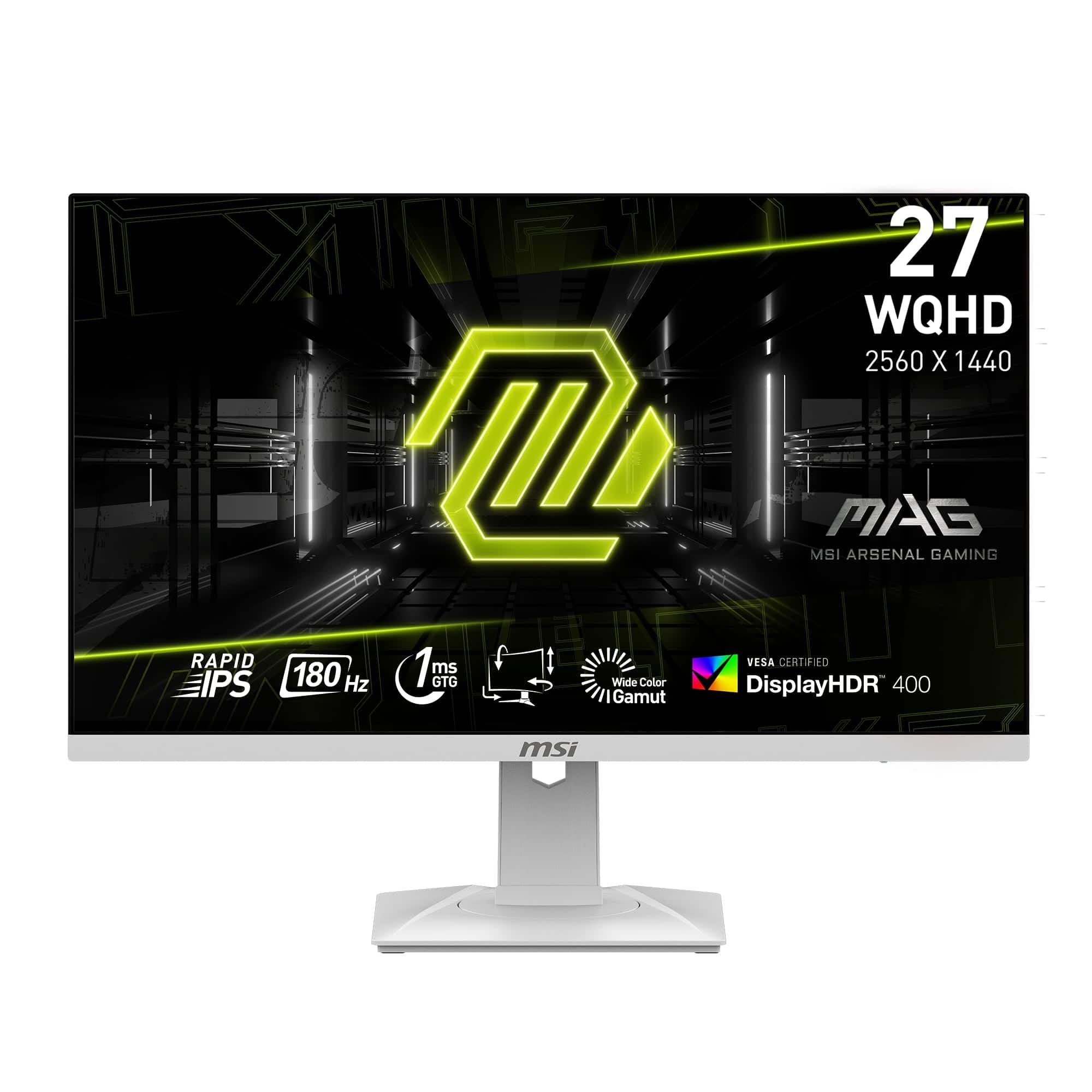 The text on the image is grouped and corrected as follows:
"Rapid IPS 27 WQHD 2560 x 1440 MSI MAG Arsenal Gaming VESA Certified 180 Hz 1ms 1 GTG ms Wide Color DisplayHDR 400 IGamut msi."
