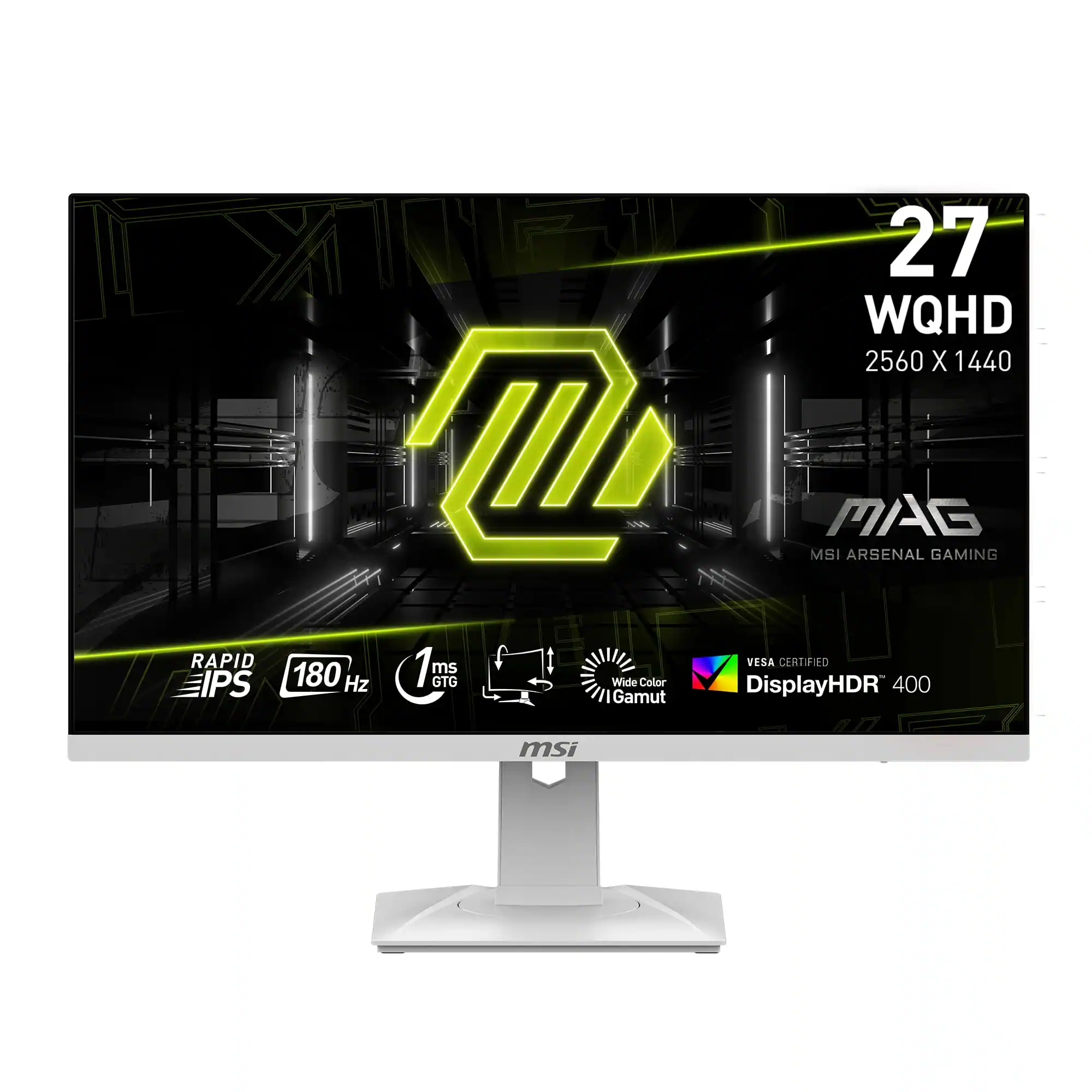 The text on the image is grouped and corrected as follows:
"Rapid IPS 27 WQHD 2560 x 1440 MSI MAG Arsenal Gaming VESA Certified 180 Hz 1ms 1 GTG ms Wide Color DisplayHDR 400 IGamut msi."