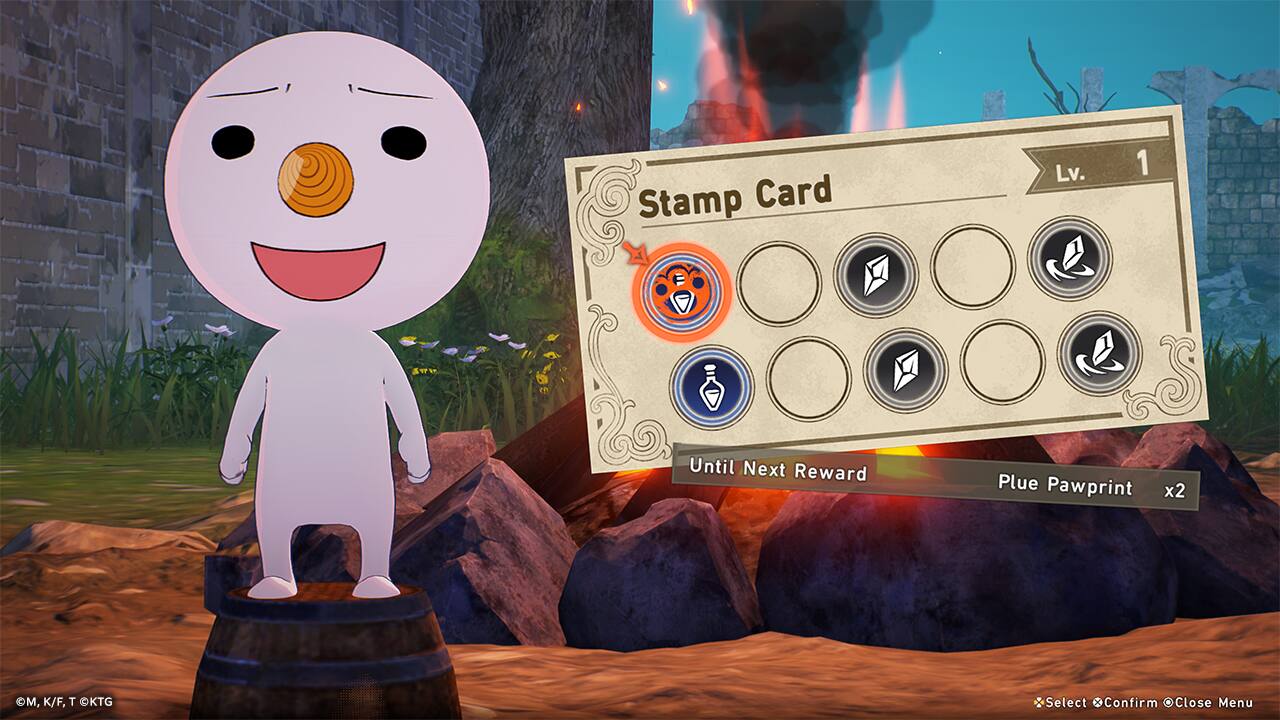 Stamp Card: Lv. 1 Until Next Reward + Plue Pawprint x2 M, K/F, T KTG Select Confirm Close Menu
