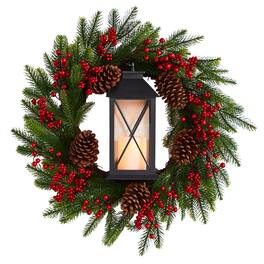 BreeBe - 28” Berries & Pine Xmas Wreath w/Lantern and LED Candle - Multi