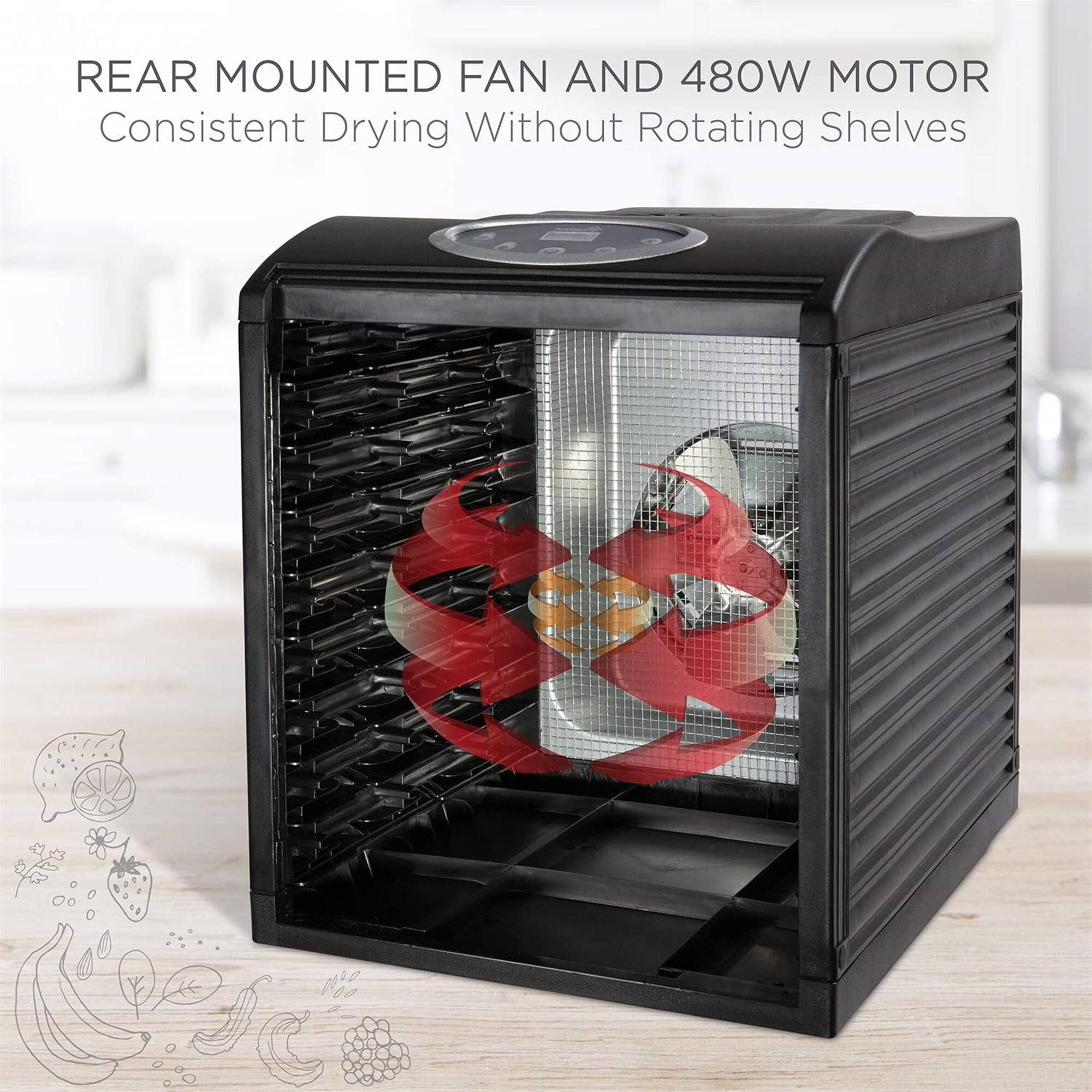 REAR MOUNTED FAN AND 480W MOTOR

Consistent Drying Without Rotating Shelves