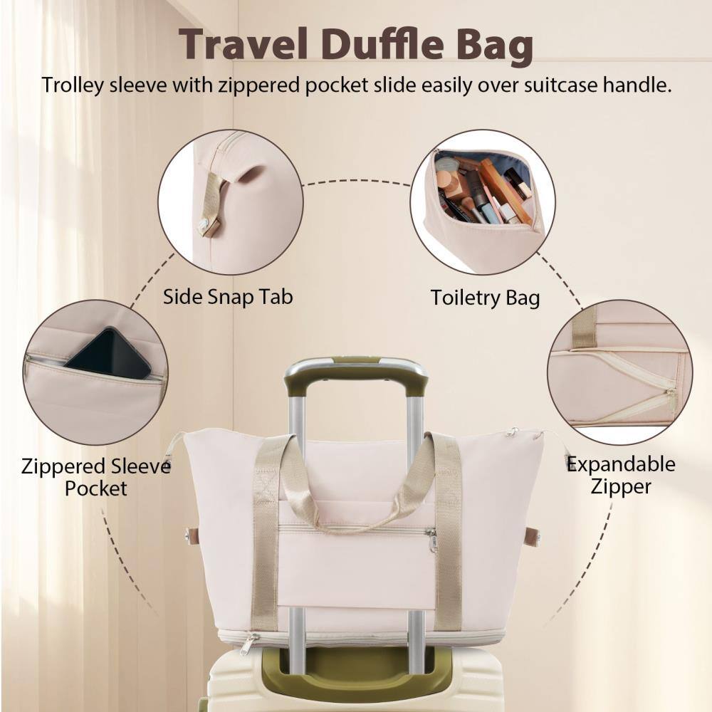 Travel Duffle Bag

- Trolley sleeve with zippered pocket slide easily over suitcase handle.
- Side Snap Tab
- Zippered Sleeve Pocket
- Toiletry Bag
- Expandable Zipper